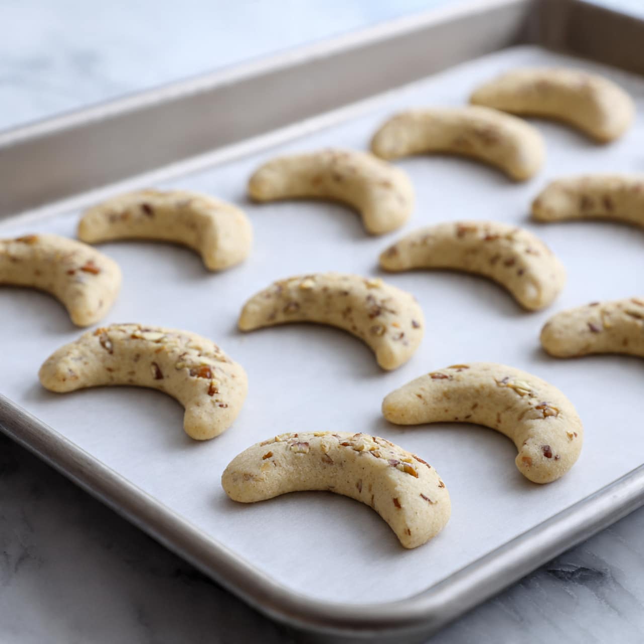A sheet pan lined with white parchment paper holds two neat rows of crescent-shaped dough pieces. Each dough piece is light beige with small bits of nuts or seeds visible within, giving them a slightly textured look. They are arranged evenly, with each piece curved like a small banana, placed on a white marbled surface. The close-up angle highlights the front row sharply while the rows fade softly into the background. The silver sheet pan edges frame the scene. Photo taken with an iphone --ar 4:5 --v 7