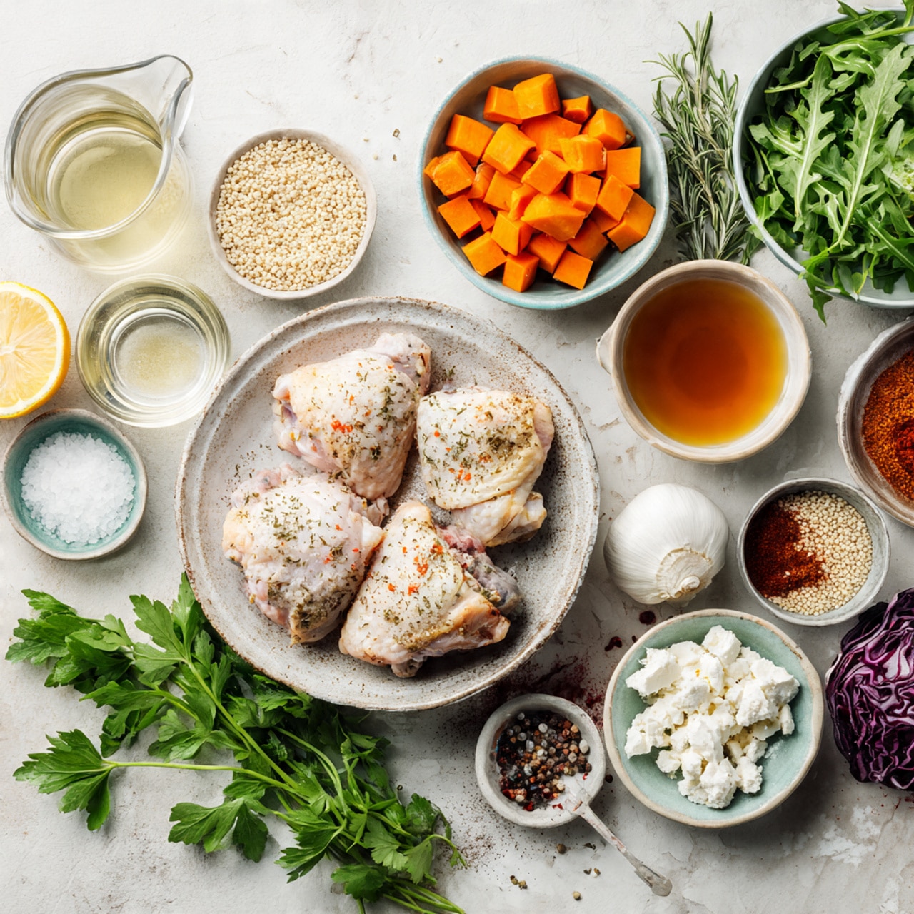 A white speckled bowl holds a colorful dish arranged in layers: at the bottom right is a fluffy layer of pale quinoa, next to it fresh green arugula leaves with a light creamy dressing. Toward the upper left side, there are thin strips of bright purple cabbage. On the left side, chunky roasted orange sweet potato pieces with a slightly crispy texture sit beside a golden-brown grilled chicken thigh in the center, which has a shiny, slightly spicy glaze being drizzled over by a wooden honey dipper held by a woman's hand from above. The background is a white marbled texture. Photo taken with an iphone --ar 4:5 --v 7