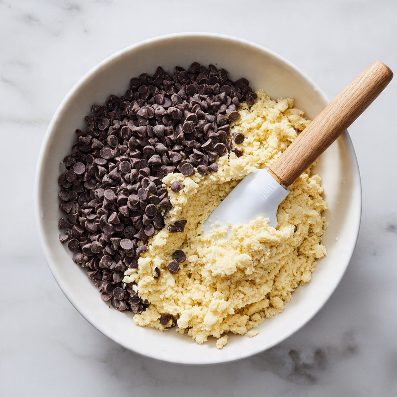 A large white bowl sits on a white marbled surface, filled mostly with small dark brown chocolate chips piled on one side. On the other side inside the bowl is a crumbly light yellow dough mixture. A spatula with a white silicone head and wooden handle rests in the bowl, partly buried in the dough on the right side. The scene is bright and clear with soft natural light. photo taken with an iphone --ar 4:5 --v 7