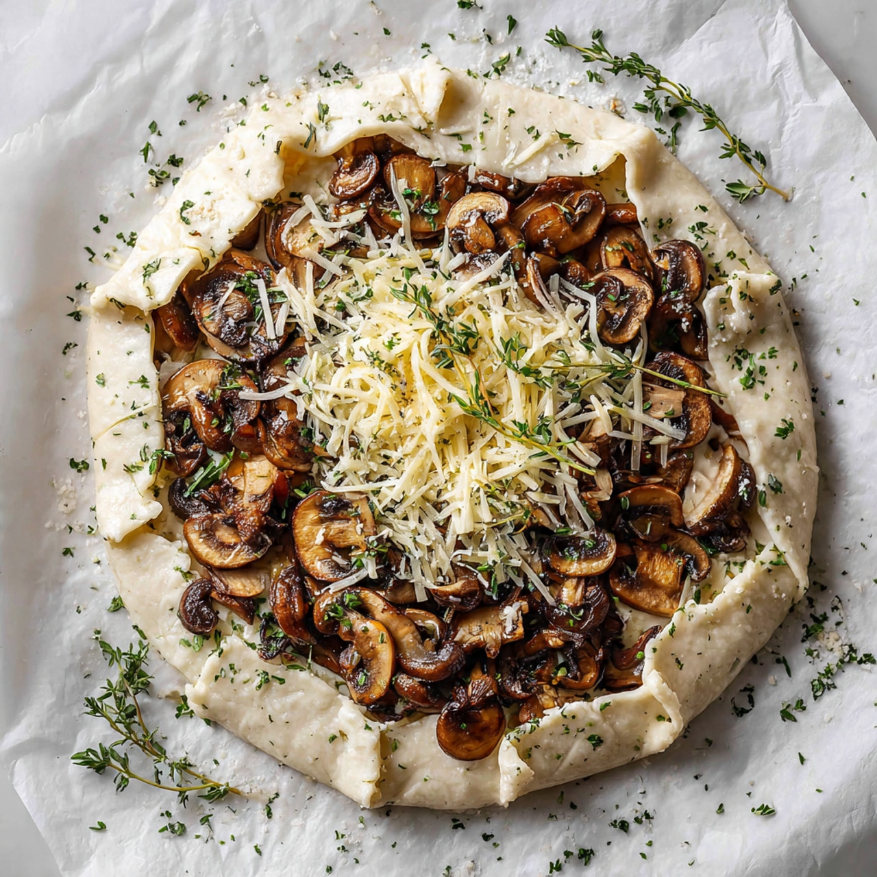 A round mushroom galette with three main layers: the bottom golden brown crust has a flaky texture and is folded over the edges to hold the filling; the middle layer is a mix of cooked mushrooms in shades of light to dark brown with a soft texture; the top layer includes melted cheese, sprinkled herbs, and green thyme sprigs scattered on the surface. The galette rests on parchment paper on a wooden board with a knife and whole mushrooms in the background, all on a white marbled surface. photo taken with an iphone --ar 4:5 --v 7