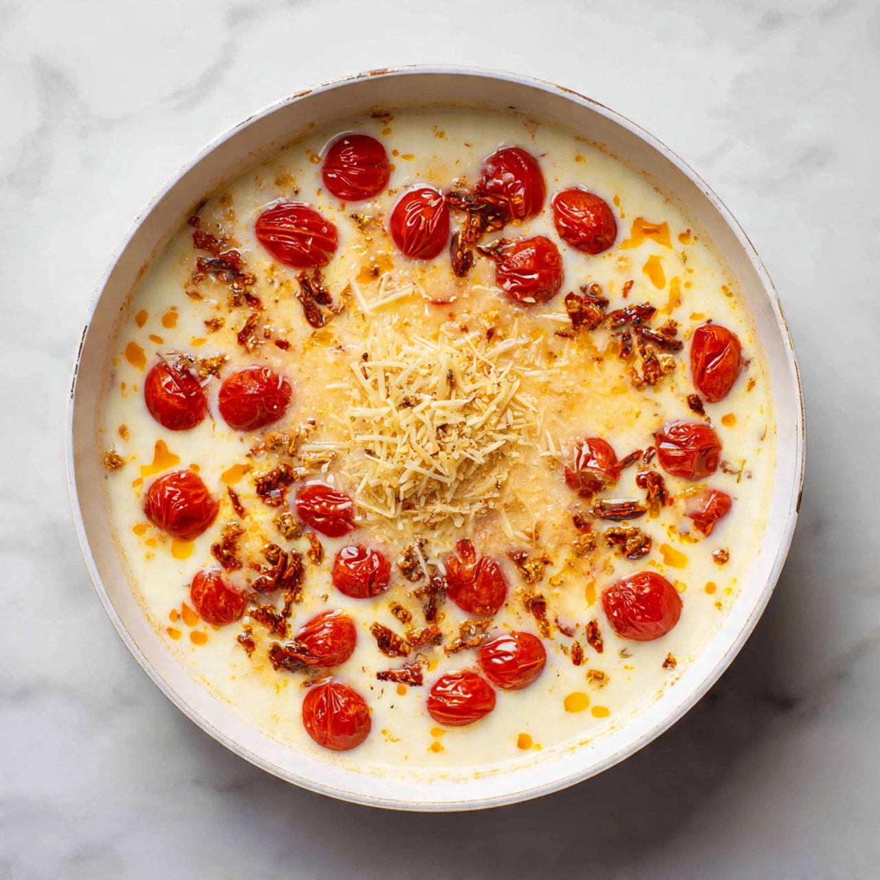 A white pan filled with a creamy white liquid base, topped with small bright red cherry tomato halves and sundried tomatoes scattered evenly across the surface. There are thin, pale yellow cheese flakes piled in the center. The creamy base has light brown seasoning mixed in and some orange oil droplets spread around. The pan is on a white marbled surface. photo taken with an iphone --ar 4:5 --v 7