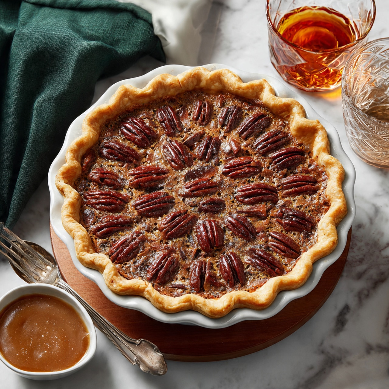 A pecan pie sits in a white pie dish with scalloped edges, resting on a round wooden board on a white marbled surface. The pie has a golden-brown crust with a wavy edge and is topped with many shiny dark brown pecan halves arranged in a circular pattern, with some white flaky salt sprinkled over the surface. Nearby, there is a glass filled with an amber liquid and a clear cut glass container, as well as a small white bowl containing a caramel-colored sauce with a silver spoon resting inside. A dark green cloth is partly visible in the upper left corner, and a vintage silver fork lies on the left side of the frame. Photo taken with an iphone --ar 4:5 --v 7
