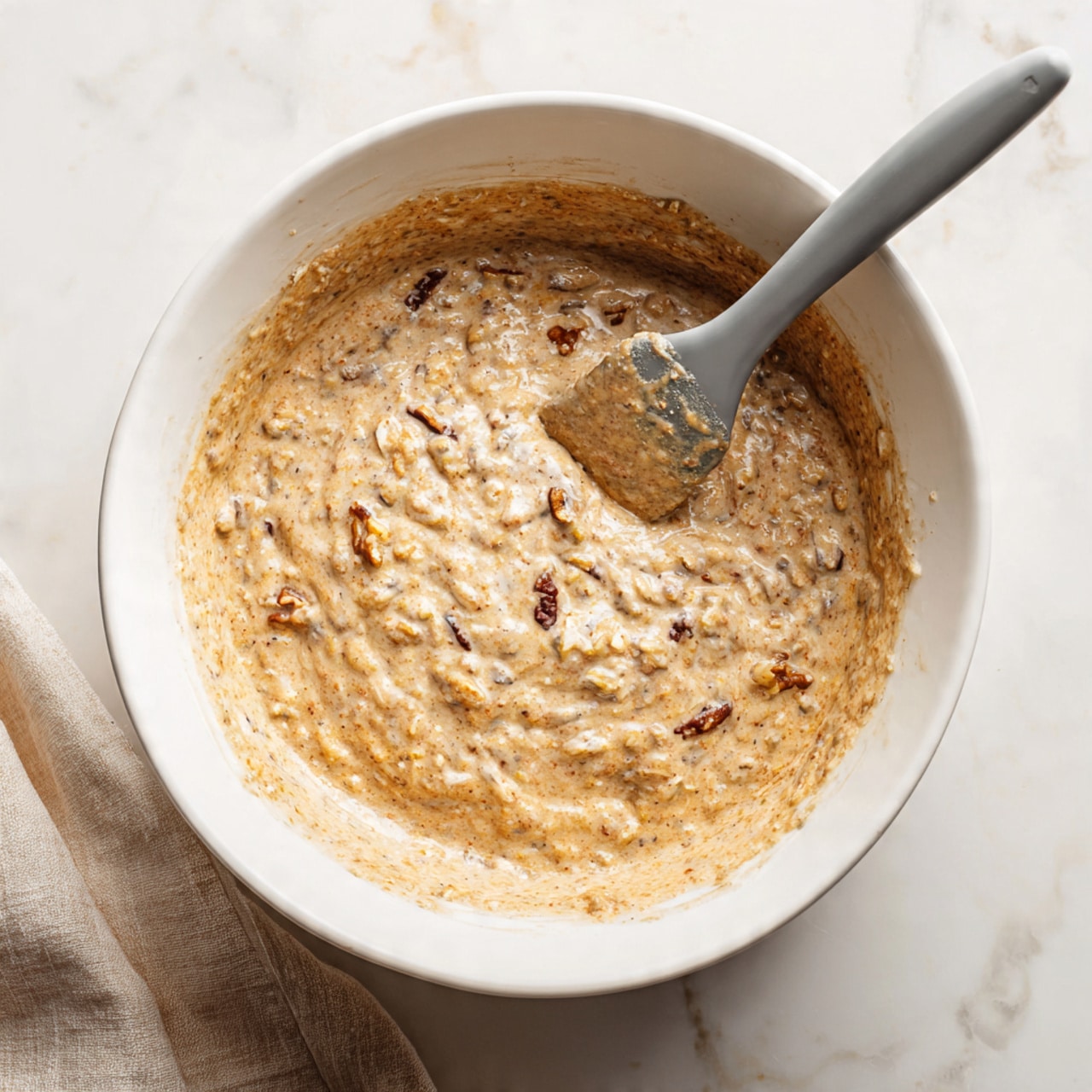 A white bowl filled with thick, light brown batter mixed with small pieces of darker nuts or fruit throughout. A gray spatula with a round tip is standing inside the bowl, slightly covered in the batter. The bowl sits on a white marbled surface with a beige cloth slightly visible in the bottom left corner. The batter shows a dense, creamy texture with some unevenness from the mixed ingredients photo taken with an iphone --ar 4:5 --v 7