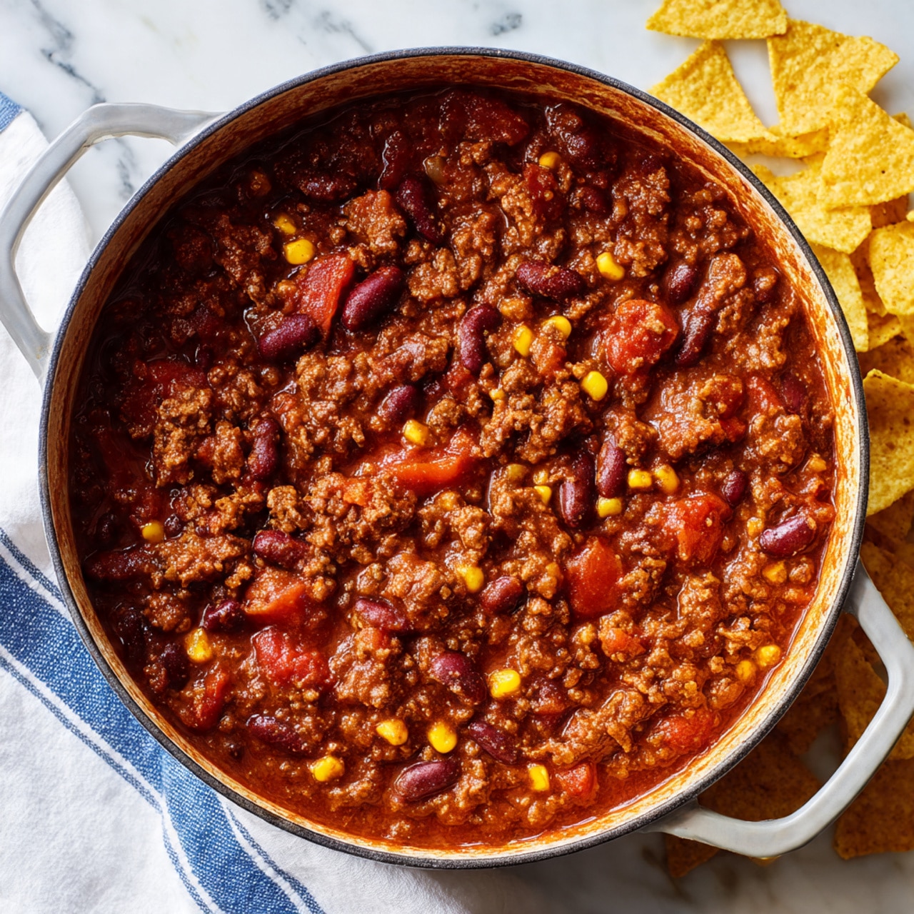 The image shows a close-up of a large round pot filled with chili. The chili has a thick, rich texture with visible layers of brown ground meat, dark red kidney beans, light tan pinto beans, yellow corn kernels, and chunks of red tomato, all mixed in a deep reddish-brown sauce. The pot's inside is stained with reddish sauce marks. Around the pot, on a white marbled surface, there are scattered crunchy yellow corn chips with a ridged texture, and a white cloth with blue stripes is partially visible under the pot. Photo taken with an iphone --ar 4:5 --v 7