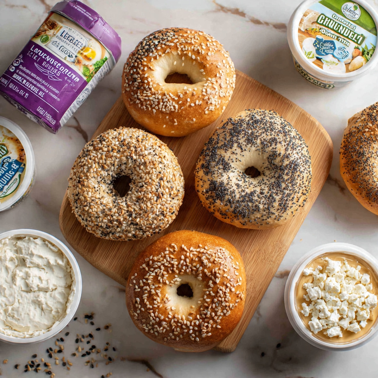 The image shows a top view of six bagels with different toppings arranged on a light wooden surface. Three bagels are seeded with a mix of white and black seeds, one is plain with a smooth golden crust, one is covered in sesame seeds, and one has poppy seeds on top. Around the bagels are six containers of spreads and cheeses: a rectangular carton of 1/3 less fat Neufchatel cheese in purple and white packaging, two round white tubs of cream cheese from Lucerne Dairy Farms with green and blue labels, a round white tub labeled Goat Cheese Crumbles in gold and white packaging, a round white tub of crumbled Feta cheese with organic labeling, and a round white tub of organic Traditional Hummus with chickpea images on the label. The whole arrangement is on a white marbled surface. Photo taken with an iphone --ar 4:5 --v 7