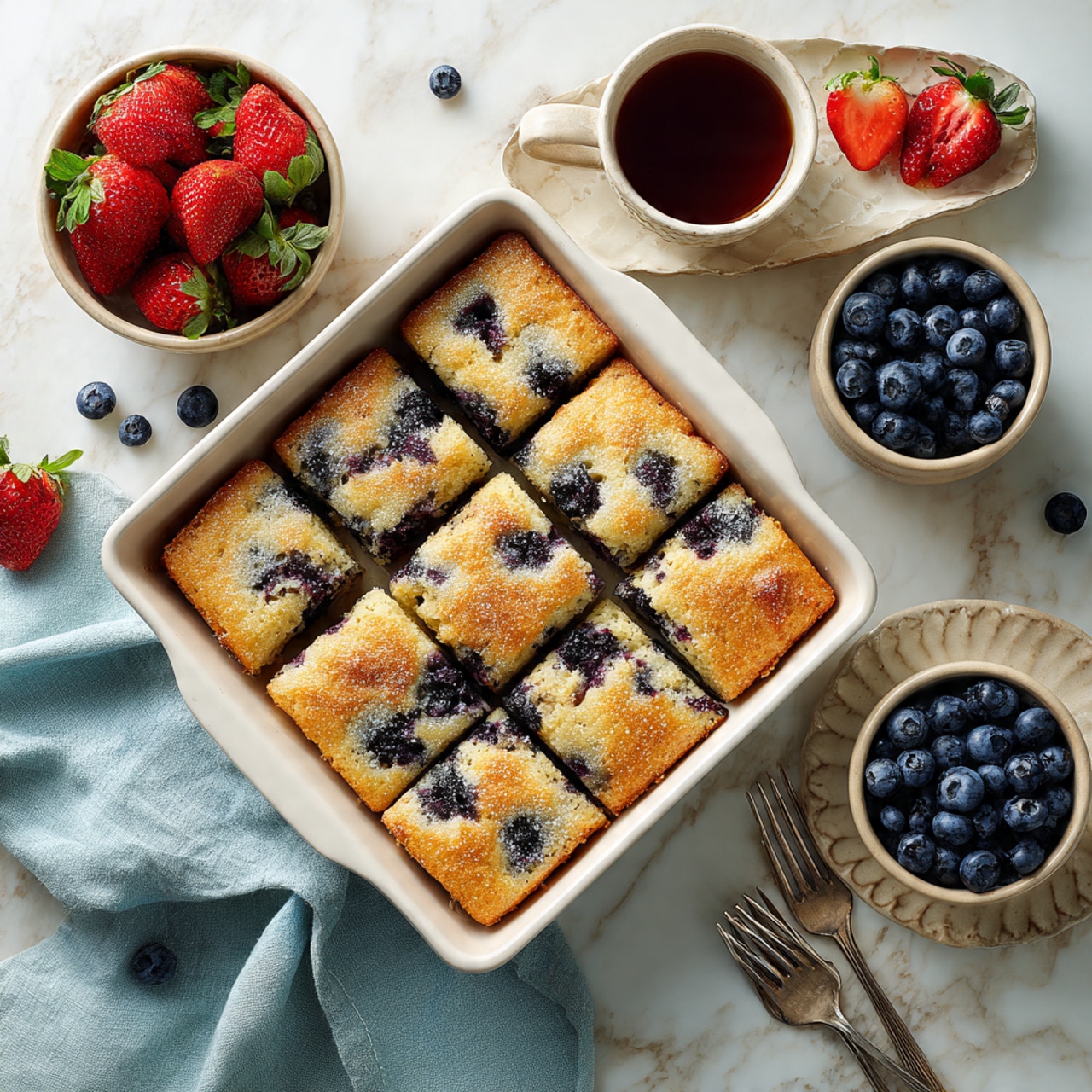 A rectangular white baking pan filled with a golden brown baked cake that is cut into twelve square pieces, with blueberries baked inside each piece showing dark purple spots through the surface. The pan is placed on a white marbled surface with scattered fresh blueberries and strawberries around. There is a beige bowl full of fresh strawberries on the left, a beige bowl with fresh blueberries on the right, a white scalloped plate with some blueberries and a strawberry near the top, a white cup filled with dark tea in the top right corner, and a beige plate with two forks at the bottom. A light blue cloth is partially under the pan on the left side. photo taken with an iphone --ar 4:5 --v 7