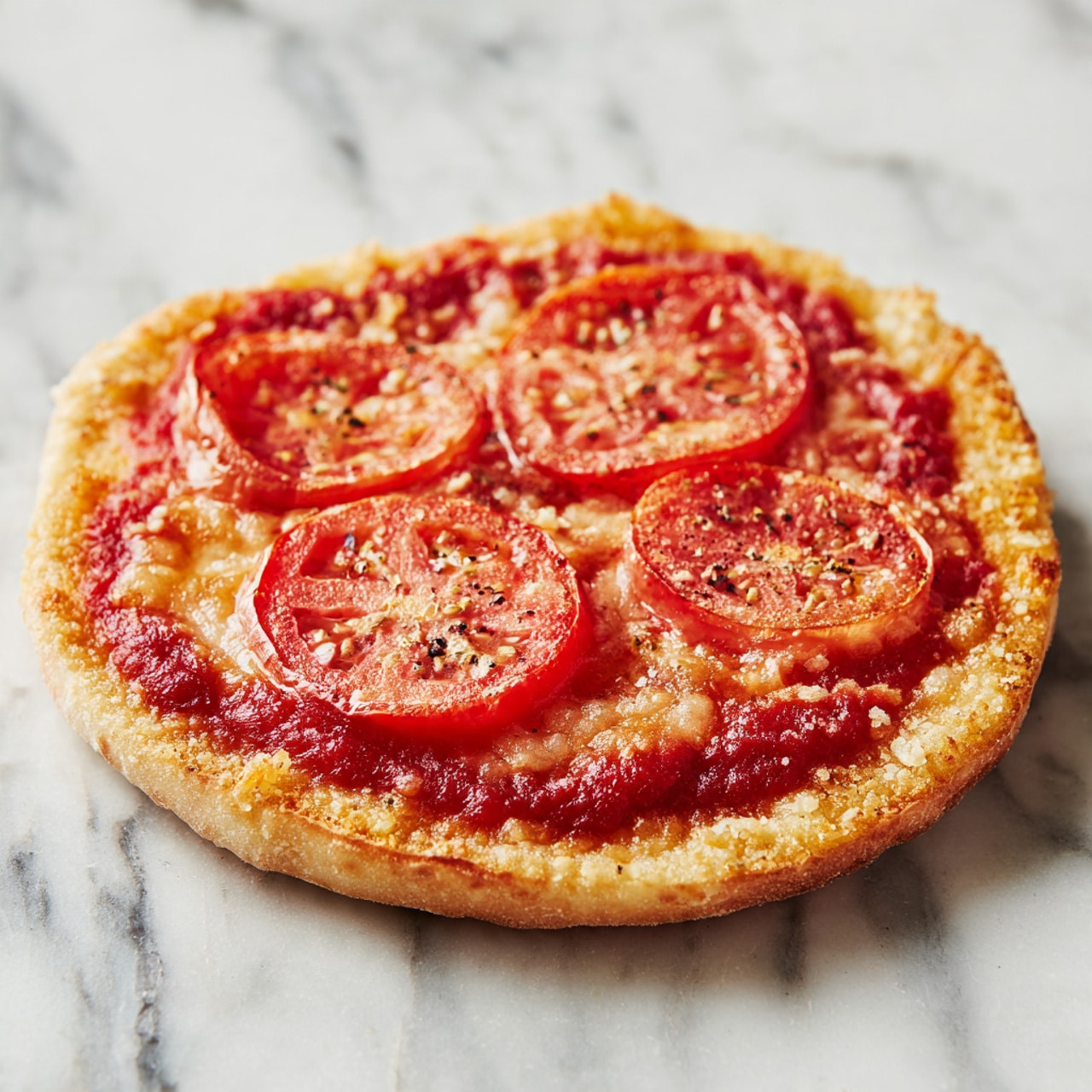 The image shows a small, round pizza with three clear layers. The bottom layer is a golden, crispy crust with a slightly rough texture around the edges. On top of the crust is a smooth, bright red tomato sauce spread evenly. The top layer consists of four thin slices of fresh tomato, which are red with light seeds and soft veins visible. The pizza is placed on a white marbled textured surface. photo taken with an iphone --ar 4:5 --v 7