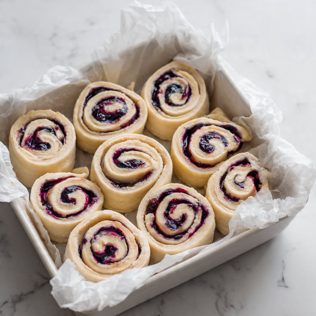The image shows a white baking dish lined with crumpled white parchment paper holding twelve raw spiral rolls arranged close together. Each roll has two visible layers: the outer dough layer is pale cream with a smooth, soft texture, and inside, a dark purple berry filling creates a thin, uneven spiral swirl in the center of each roll. Some rolls have more filling gathered in spots, adding a slightly glossy, sticky look. The twists of dough and filling contrast sharply, showing clear spiral shapes, and the dish sits on a white marbled surface. Photo taken with an iphone --ar 4:5 --v 7