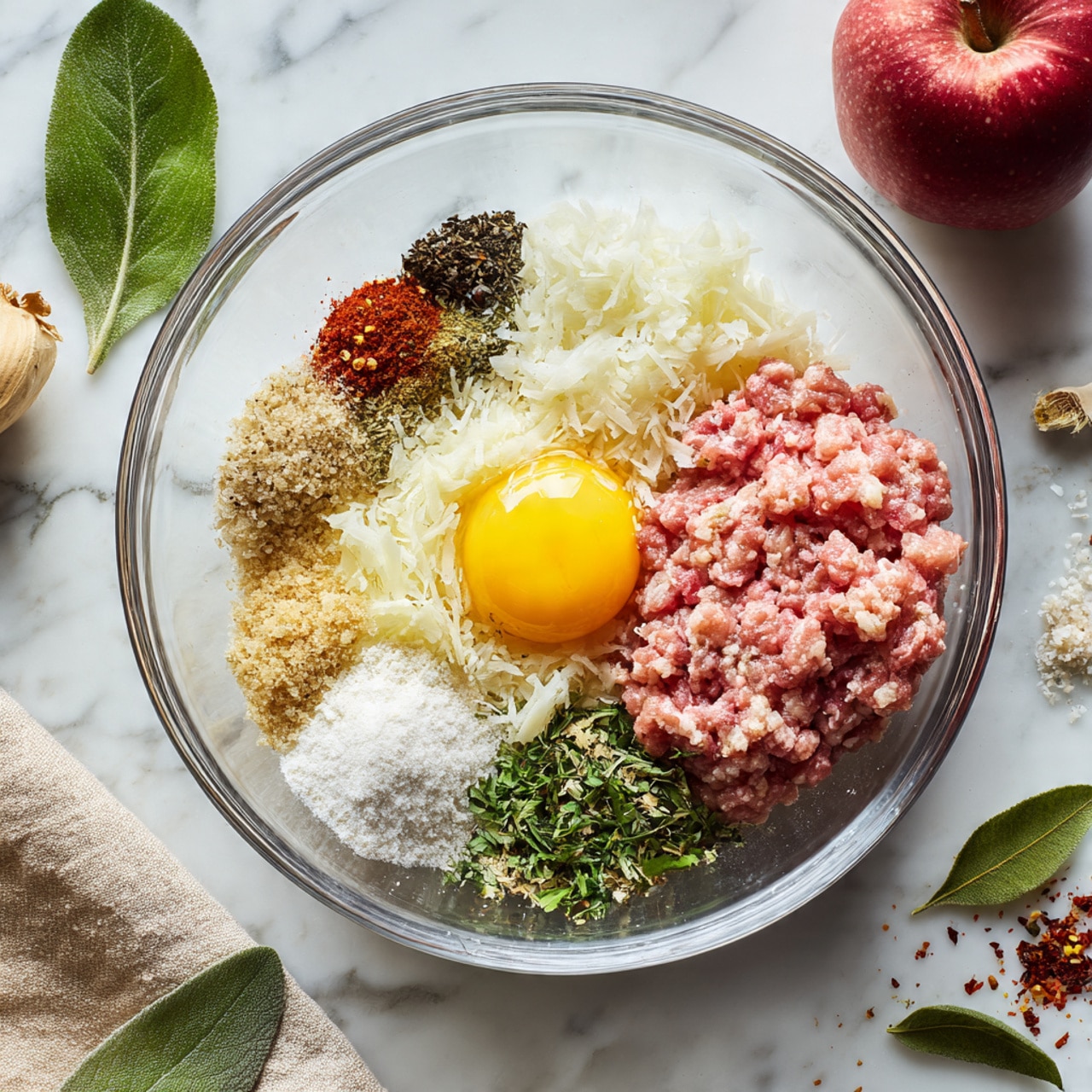 A clear glass bowl on a white marbled surface holds multiple ingredients neatly layered. On the right, raw light pink ground meat forms one layer, with a bright yellow raw egg yolk sitting on top near the edge. Above the meat is a heap of white shredded potato. To the left side of the bowl are various small piles of spices and seasonings: white salt, black pepper, dried green herbs, crushed red chili flakes, light brown powder, and a mound of white breadcrumbs. The bowl is nearby a red apple, a beige cloth, and a few fresh green leaves scattered on the marble. Photo taken with an iphone --ar 4:5 --v 7
