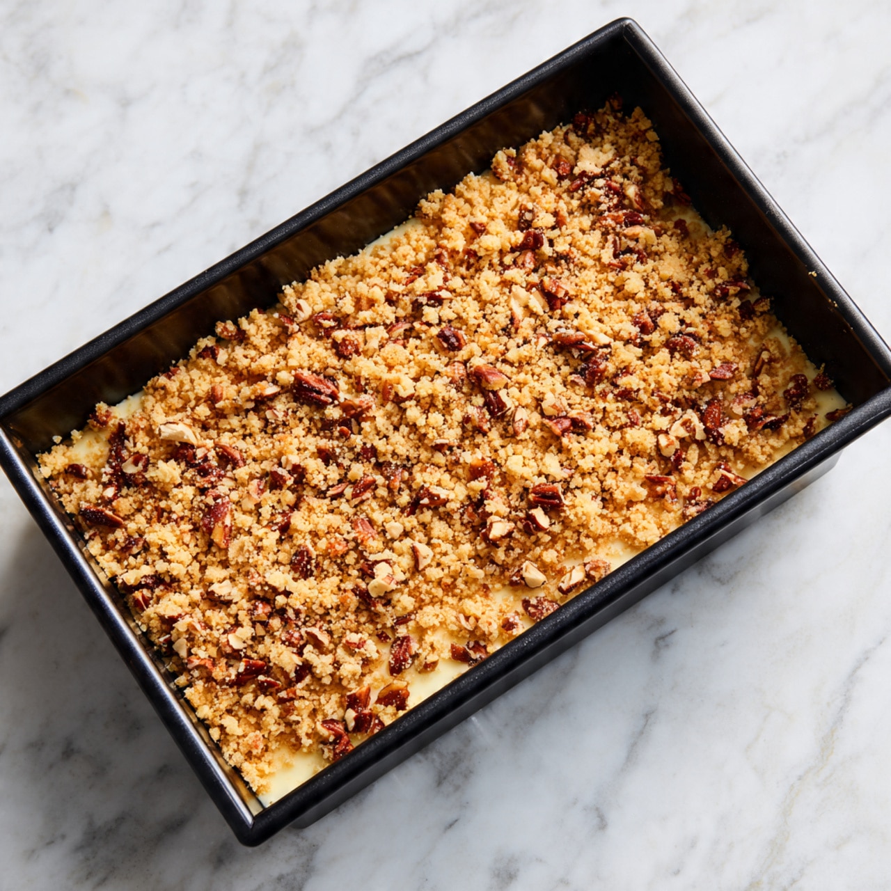 A rectangular black metal baking pan filled with one thick layer of a crumbly topping made of light golden brown crumbs mixed with chopped pecan nuts that are rich brown in color. The crumb layer looks uneven and crunchy, covering what seems to be a creamy or cake-like base peeking through in some spots around the edges. The pan is placed on a white marbled textured surface. photo taken with an iphone --ar 4:5 --v 7