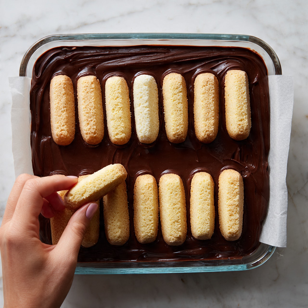 In a clear glass dish lined with parchment paper, a layer of smooth, dark brown chocolate mixture fills the bottom. On top of this, two neat rows of light beige ladyfinger cookies are being placed, with one row almost finished and a woman's hand gently positioning a cookie on the left side. The ladyfingers have a soft, slightly textured surface and are laid out evenly side by side, covering about half of the chocolate layer, all set against a white marbled background. Photo taken with an iphone --ar 4:5 --v 7