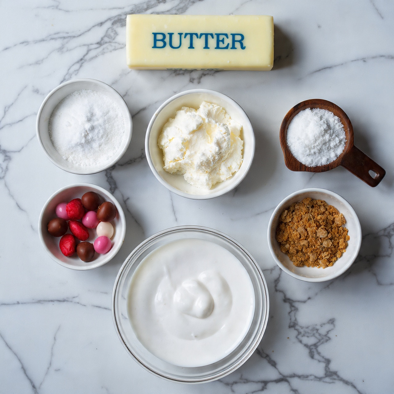 A dark gray muffin tray holds twelve cupcakes, each in light brown paper liners. Each cupcake has a thick layer of pale pink batter with visible small darker pink spots and is topped with scattered red, pink, and white candy-coated chocolate pieces. The tray sits on a white marbled surface, with a pale pink cloth partially visible on the left side. Near the tray's top left corner, a round wooden bowl filled with powdered sugar sits partially in frame. On the right edge, part of a white bowl filled with more candy-coated chocolates is visible. Photo taken with an iphone --ar 4:5 --v 7