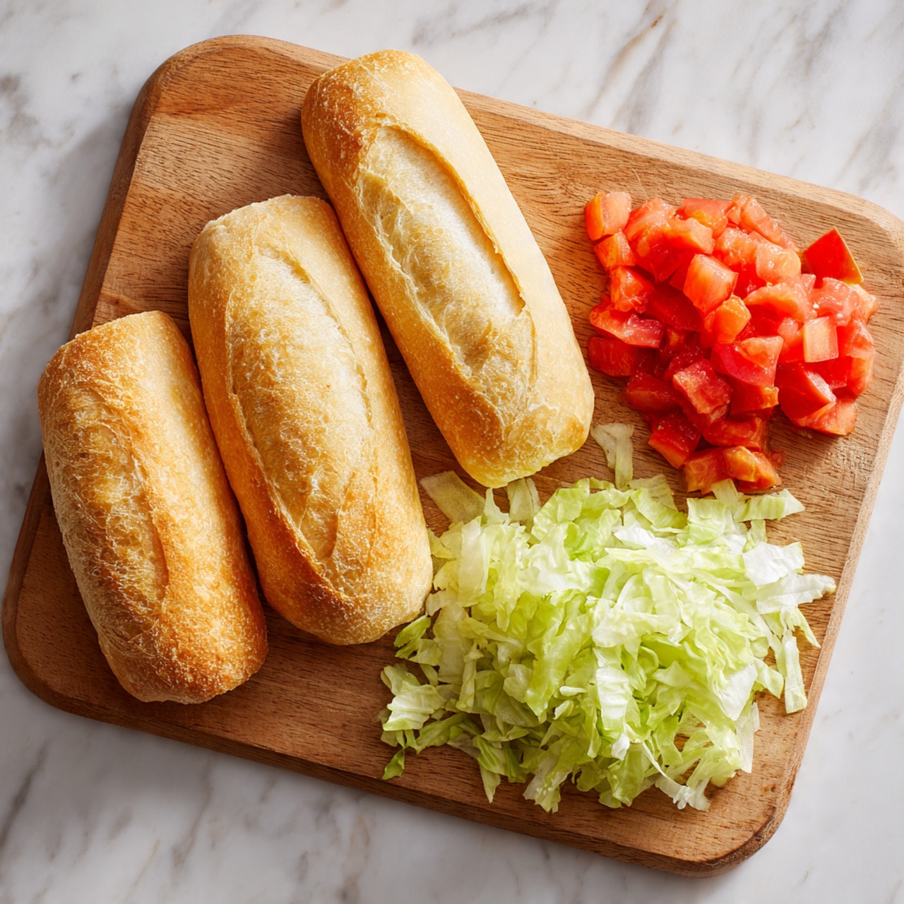 A wooden board placed on a white marbled surface holds three large pieces of light golden brown bread stacked on the left side. On the right side, there are two piles of fresh vegetables: a loose mound of finely shredded light green lettuce in the bottom right and above it, a small heap of bright red diced tomatoes. The textures show the soft bread crust, the crispness of lettuce, and the juicy, slightly wet tomato pieces, all arranged neatly and separated from each other. photo taken with an iphone --ar 4:5 --v 7