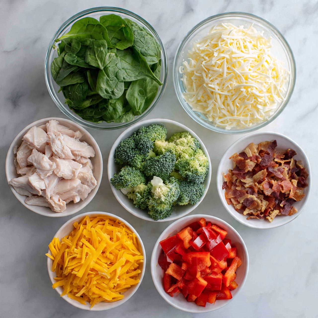 The image shows six bowls arranged on a white marbled surface, each with a different ingredient. At the top left, there is a clear glass bowl filled with fresh green spinach leaves. To its right, in a white bowl, there is a heap of shredded white cheese. Below the cheese, another white bowl holds pieces of light pink cooked chicken. To the bottom left of the chicken, there is a white bowl filled with green broccoli florets. To the right of the broccoli, a white bowl contains small, crispy brown bacon pieces. Below the bacon, in a white bowl, bright orange shredded cheddar cheese is displayed. Finally, at the bottom left corner, a white bowl is filled with diced red bell peppers. photo taken with an iphone --ar 4:5 --v 7