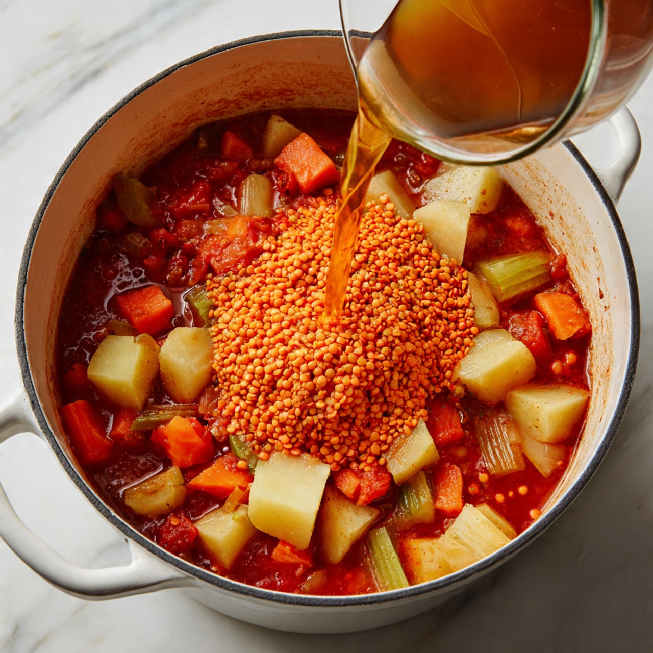 A white pot filled with a rich red stew that has chunky diced vegetables including orange carrots and pale potatoes, with a large mound of bright orange lentils piled in the center. A clear broth is being poured from a glass jug into the pot from the lower right corner, adding liquid to the colorful mix. The pot sits on a white marbled surface. photo taken with an iphone --ar 4:5 --v 7