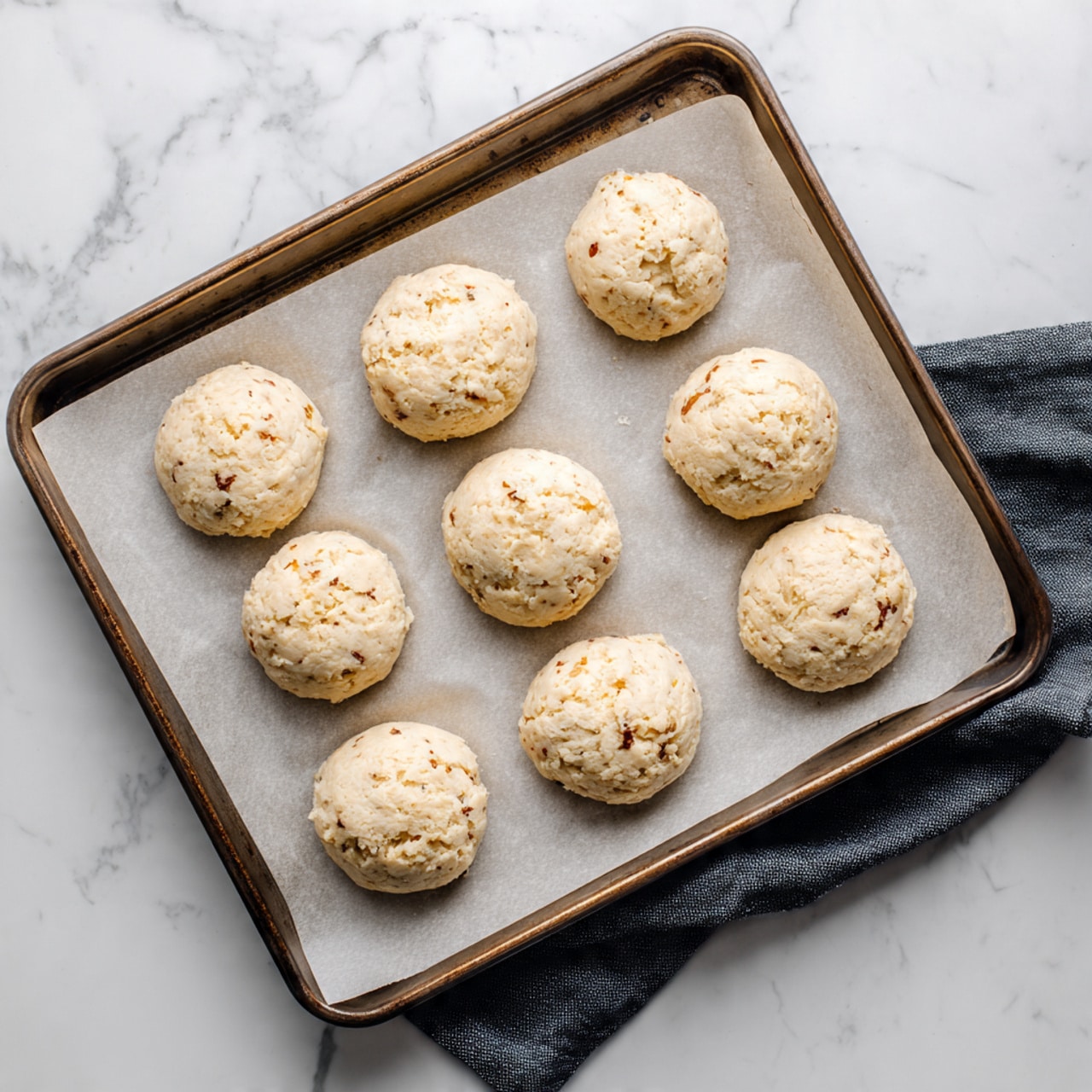 The image shows a baking tray with eight round dough pieces arranged in two rows on a sheet of parchment paper. Each dough piece is pale beige with small darker brown spots, indicating bits mixed inside, and they are slightly thick and textured. The tray is placed on a white marbled surface with a dark cloth partially visible to the bottom right. The dough pieces look ready for baking, evenly spaced and all roughly the same size. photo taken with an iphone --ar 4:5 --v 7