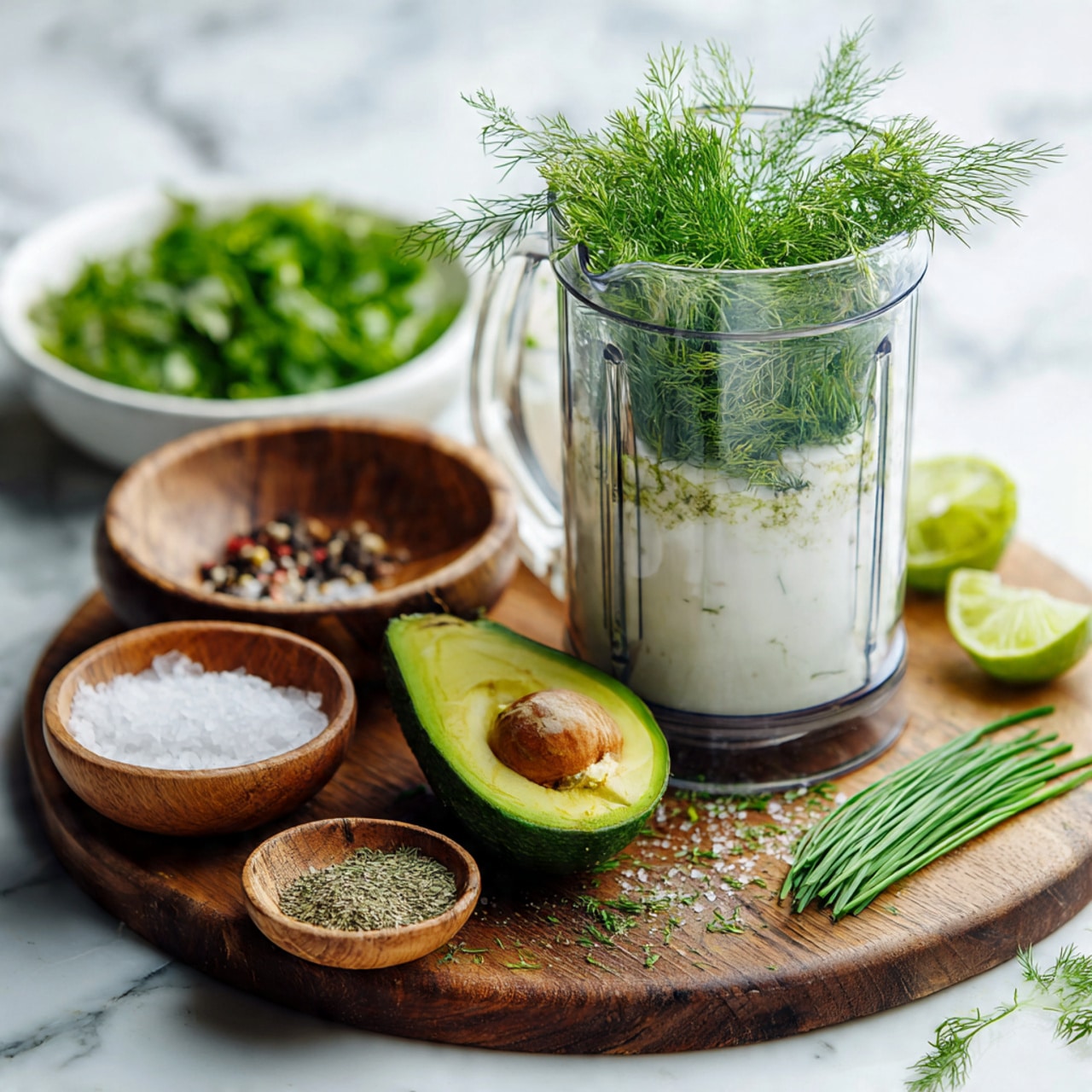 A clear blender jar sits on a wooden board, containing three main layers: a thick white creamy base at the bottom, a large bright green avocado half leaning on one side, and a bunch of fresh green dill with feathery leaves resting on top. Around the board, there are small wooden bowls holding coarse salt and black pepper, a white bowl filled with more dill and green chives, and a halved lime facing up. The surface underneath is white marble with subtle gray veins. Photo taken with an iphone --ar 4:5 --v 7