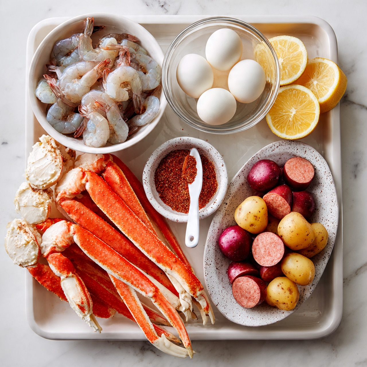 A top view of a seafood boil arranged on a tray with a white marbled texture background. On the left side, there is a white bowl filled with raw gray shrimp with white and pink tones. Below, long bright orange crab legs with white tips are placed, with a piece of crab claw visible. In the center, a clear glass bowl holds six white peeled boiled eggs. Nearby, lemon wedges are scattered around for garnish. On the right side, a white speckled oval plate contains a mix of red and yellow small potatoes. Below it, a white speckled bowl is filled with sliced reddish-brown sausage. White onion wedges are placed around the tray’s edges. In the middle, a small white spoon-shaped dish contains reddish seasoning powder. The photo taken with an iphone --ar 4:5 --v 7