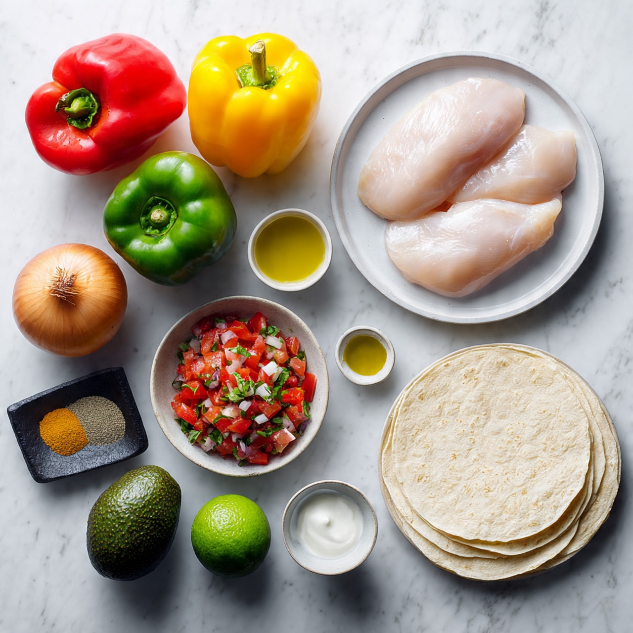 The image shows separate ingredients arranged neatly on a white marbled surface. In the top right, there is a white round plate holding three smooth, pale pink chicken pieces. To the left of the plate, there are three whole bell peppers placed vertically: a bright red one at the top, a yellow one in the middle, and a green one below. Below these peppers, a small black dish holds a mix of colorful fajita seasoning powders. In the center at the bottom, a dark avocado sits next to a white bowl filled with a fresh pico de gallo made of diced tomatoes, onions, and green herbs. To the right of the avocado, a small white cup contains golden olive oil. Above these, a smooth brown onion and a bright green lime are placed side by side near a small grayish bowl of white sour cream. On the lower right side, there is a stack of light beige tortillas arranged neatly in a white round plate. All items are spread evenly over the white marbled surface, making each ingredient clear and colorful. photo taken with an iphone --ar 4:5 --v 7