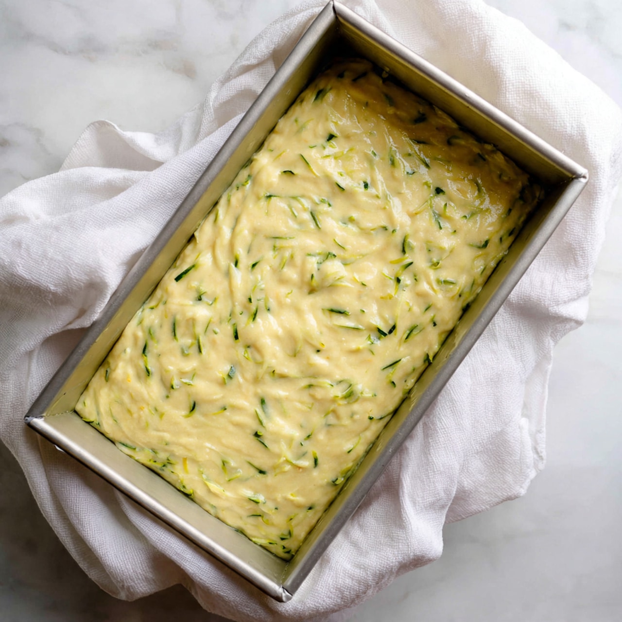 A rectangular metal baking pan filled with a pale yellow batter that has visible thin green zucchini strips mixed throughout, the batter looks smooth with a slightly chunky texture, resting on a soft white cloth over a white marbled surface, no other items or decorations around. photo taken with an iphone --ar 4:5 --v 7