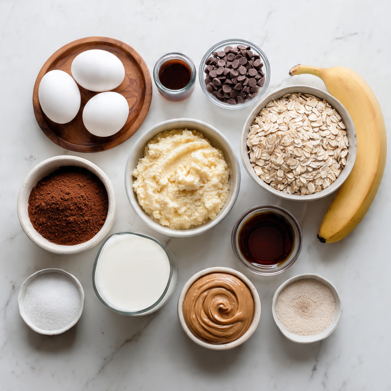 The image shows a flat lay of various baking ingredients arranged on a white marbled surface. There are ten containers in total: a white bowl filled with light brown oats at the bottom right, a white bowl with mashed yellow bananas above it, a clear small bowl of dark brown chocolate chips on the top center, a small dark brown bowl with thick chocolate sauce below that, a round wooden plate holding two whole white eggs and a small container of dark vanilla extract near the top left, a white bowl filled with reddish-brown cocoa powder on the far left, a round clear glass filled with white milk below the peanut butter bowl, a clear bowl with smooth, light brown peanut butter positioned left middle, and two small white bowls at the bottom left with white baking powder and salt inside. photo taken with an iphone --ar 4:5 --v 7