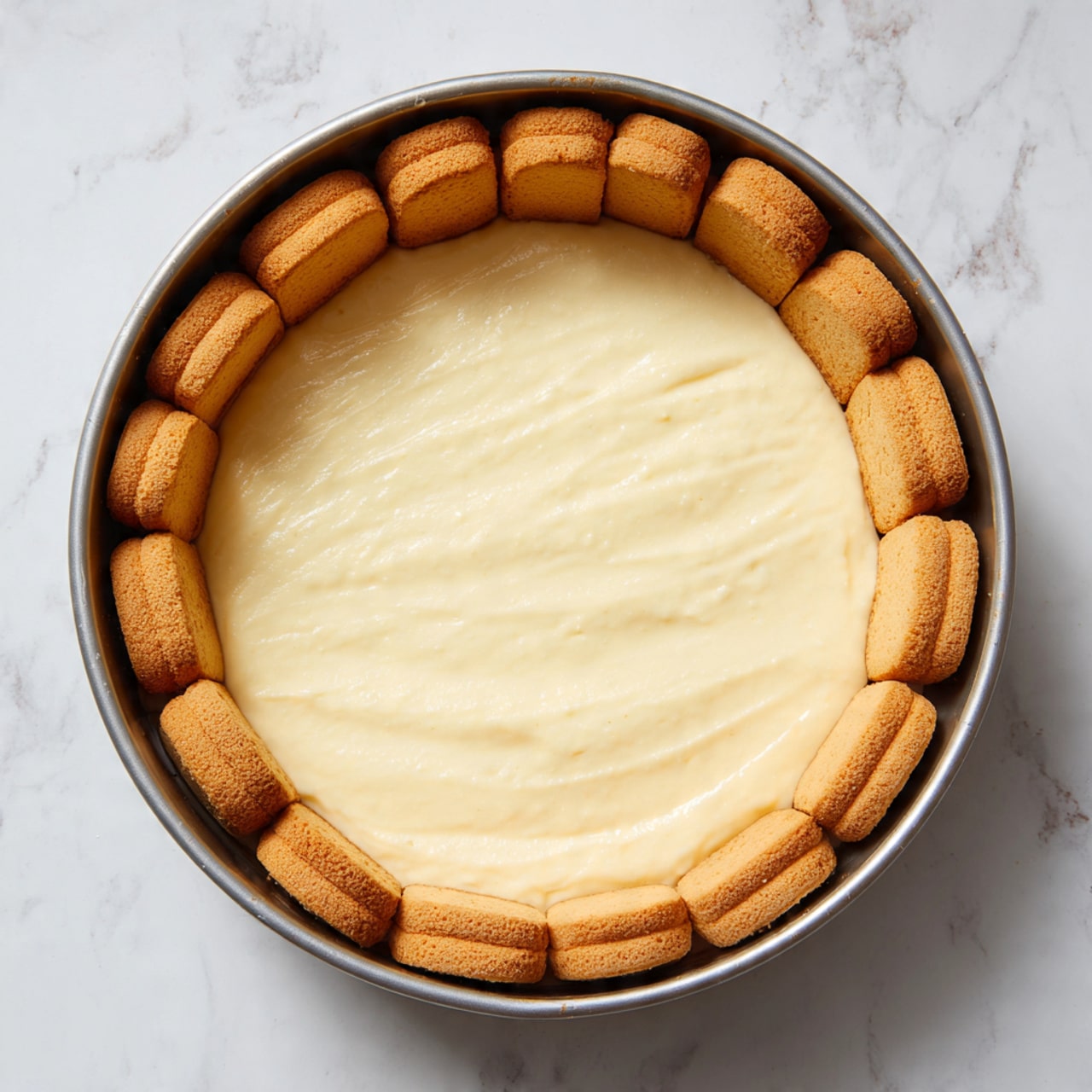 The image shows a round baking pan filled with a dessert in progress, placed on a white marbled surface. Inside the pan, there is a cream-colored layer of smooth custard or cream filling spread evenly at the bottom. Around the edge of the pan, there are two layers of pink ladyfinger biscuits standing upright, creating a border. On top of the cream filling inside the ladyfinger border, there is a layer of flat pink ladyfinger biscuits arranged in a slightly overlapping grid pattern. The ladyfingers have a powdery sugar coating and a soft texture visible. Photo taken with an iphone --ar 4:5 --v 7