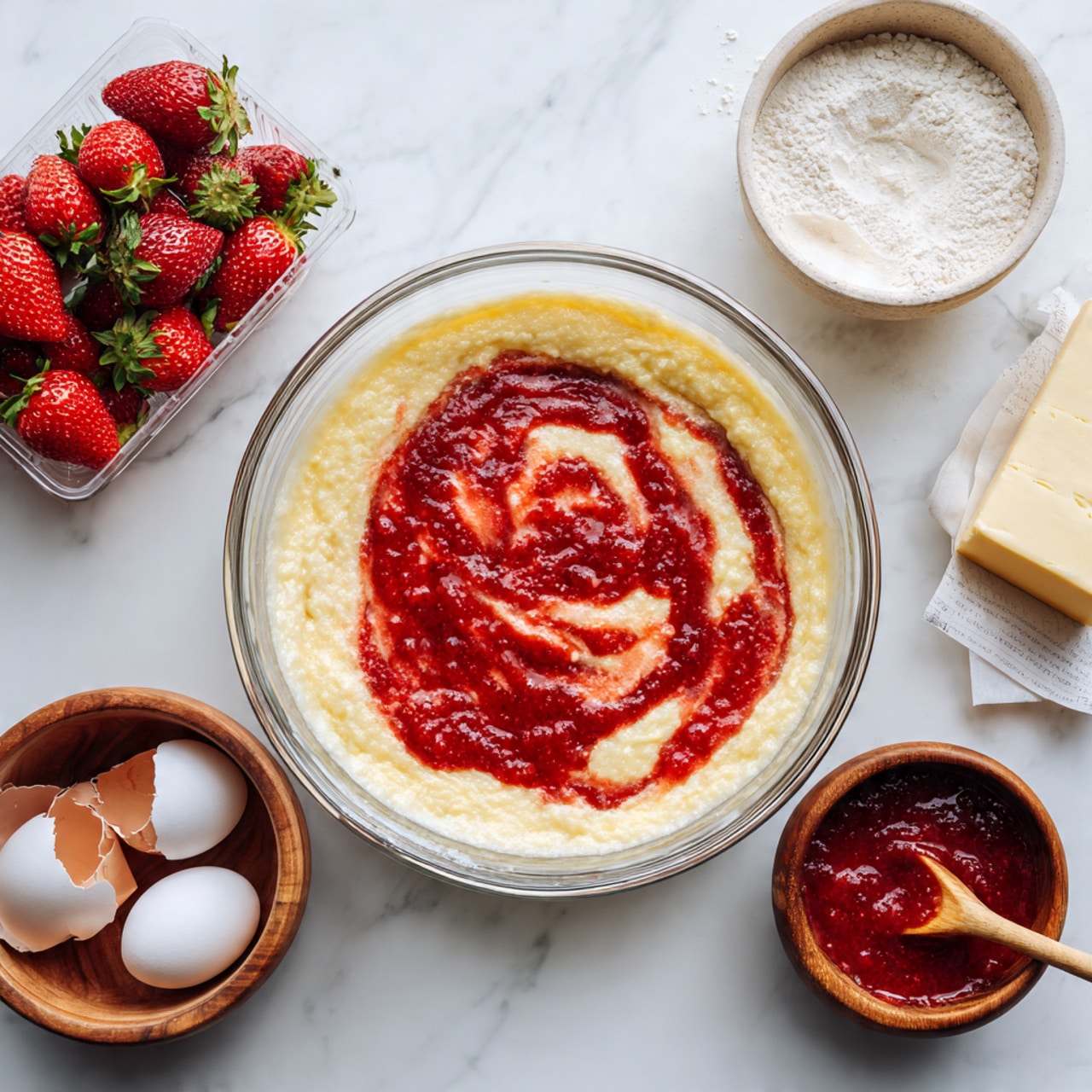 The image shows a rectangular white pan filled with a single thick layer of light pink creamy mixture that has small red strawberry bits evenly spread throughout. The surface of the mixture is smooth with slight swirling textures. Around the pan are fresh whole strawberries and a sliced strawberry, a white bowl with powdered sugar, and a small container, all placed on a white marbled surface. photo taken with an iphone --ar 4:5 --v 7