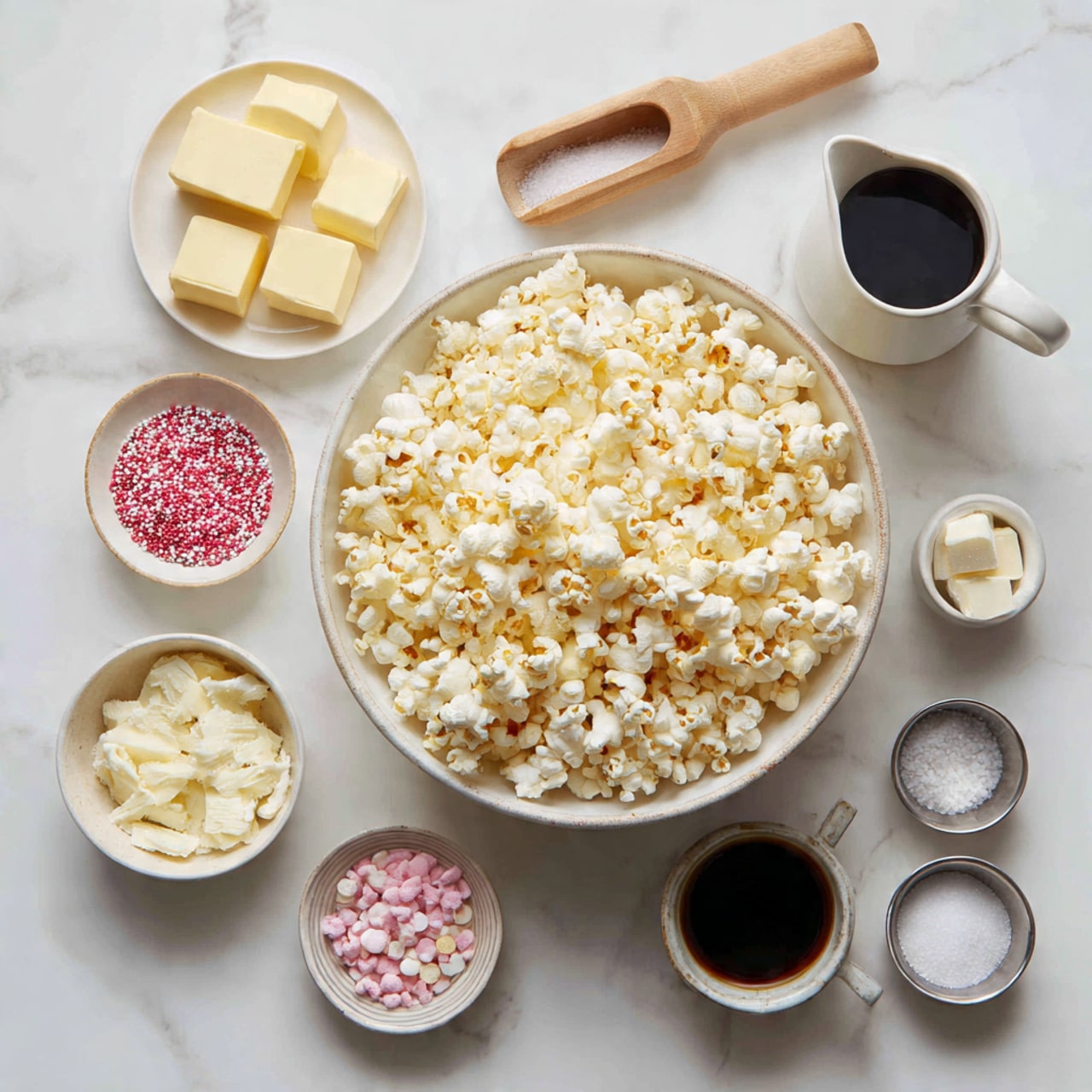 A large white bowl filled with light yellow and white popcorn sits on a white marbled surface. Around it are smaller white bowls and containers holding ingredients: a white bowl with four pale yellow butter cubes, a small bowl with red, green, and white round sprinkles, a wooden scoop filled with white sugar, a small white pitcher with a clear liquid, a black cup with dark vanilla extract, and two small metal cups containing white salt and baking soda. Photo taken with an iphone --ar 4:5 --v 7