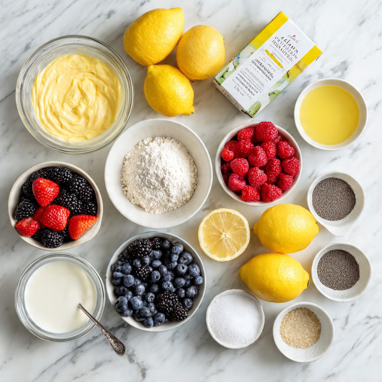 The image shows six small round cakes with a hole in the center, placed on a silver cooling rack over a white marbled surface. Each cake has a light yellow color with speckles and is topped with white icing that drips down the sides unevenly. Around the cakes, there are fresh fruits including a whole strawberry, a sliced strawberry, a blackberry, a few raspberries, and two lemon wedges. The overall look is fresh and bright, with soft natural lighting. photo taken with an iphone --ar 4:5 --v 7
