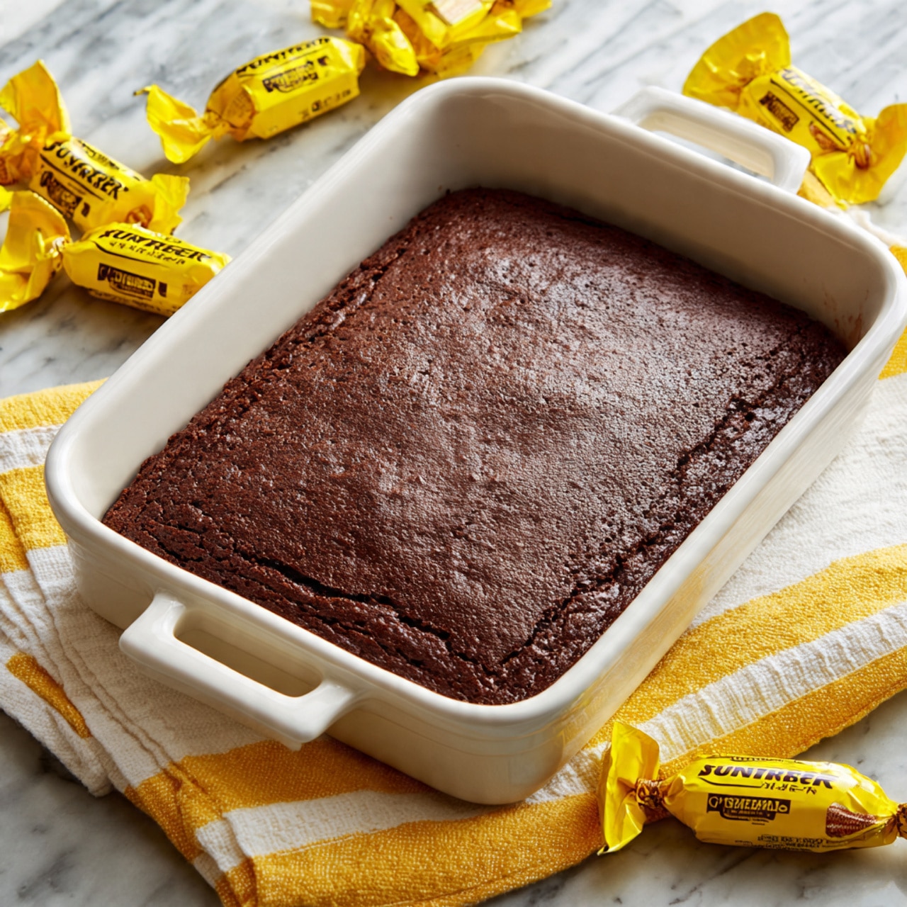 A freshly baked single-layer chocolate cake sits in a white rectangular baking dish with handles on each side. The cake has a dark brown color with a slightly rough and textured top surface that looks moist and dense. The dish is placed on a yellow and white striped towel over a white marbled surface. Around the dish, there are several yellow wrapped Butterfinger candies scattered, some unwrapped pieces lying nearby, adding a bright contrast to the scene. Photo taken with an iphone --ar 4:5 --v 7