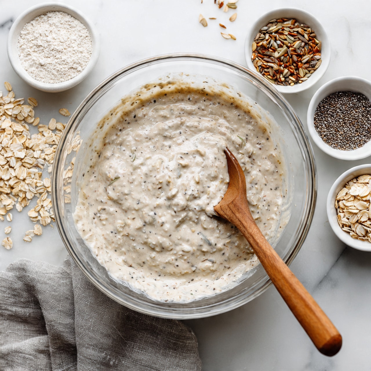 The image shows a clear glass bowl filled with a thick, creamy mixture that has visible small seeds and oat flakes, with a wooden spoon placed inside the bowl on the right side. Around the bowl, there are four small white bowls containing chia seeds, rolled oats, sunflower seeds, and hemp seeds, scattered over a white marbled surface. There are loose oats sprinkled around the bowls as well. A gray textured cloth is placed underneath the right side of the main bowl, adding a soft contrast to the scene. Photo taken with an iphone --ar 4:5 --v 7