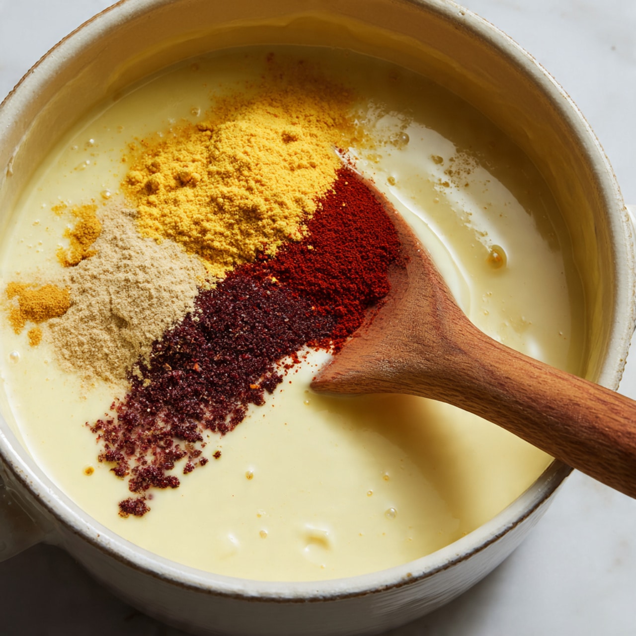 A close-up view of a creamy light yellow liquid filling a white pot, with a wooden spoon stirring gently on the right side. On top of the liquid, towards the center-left, there is a small pile of dry spices creating distinct layers: a layer of bright yellow powder, a layer of dark brown powder, and a layer of deep red powder. The surface beneath the pot is white marble, and the textures show smooth creaminess with small specks of spices floating. Photo taken with an iphone --ar 4:5 --v 7