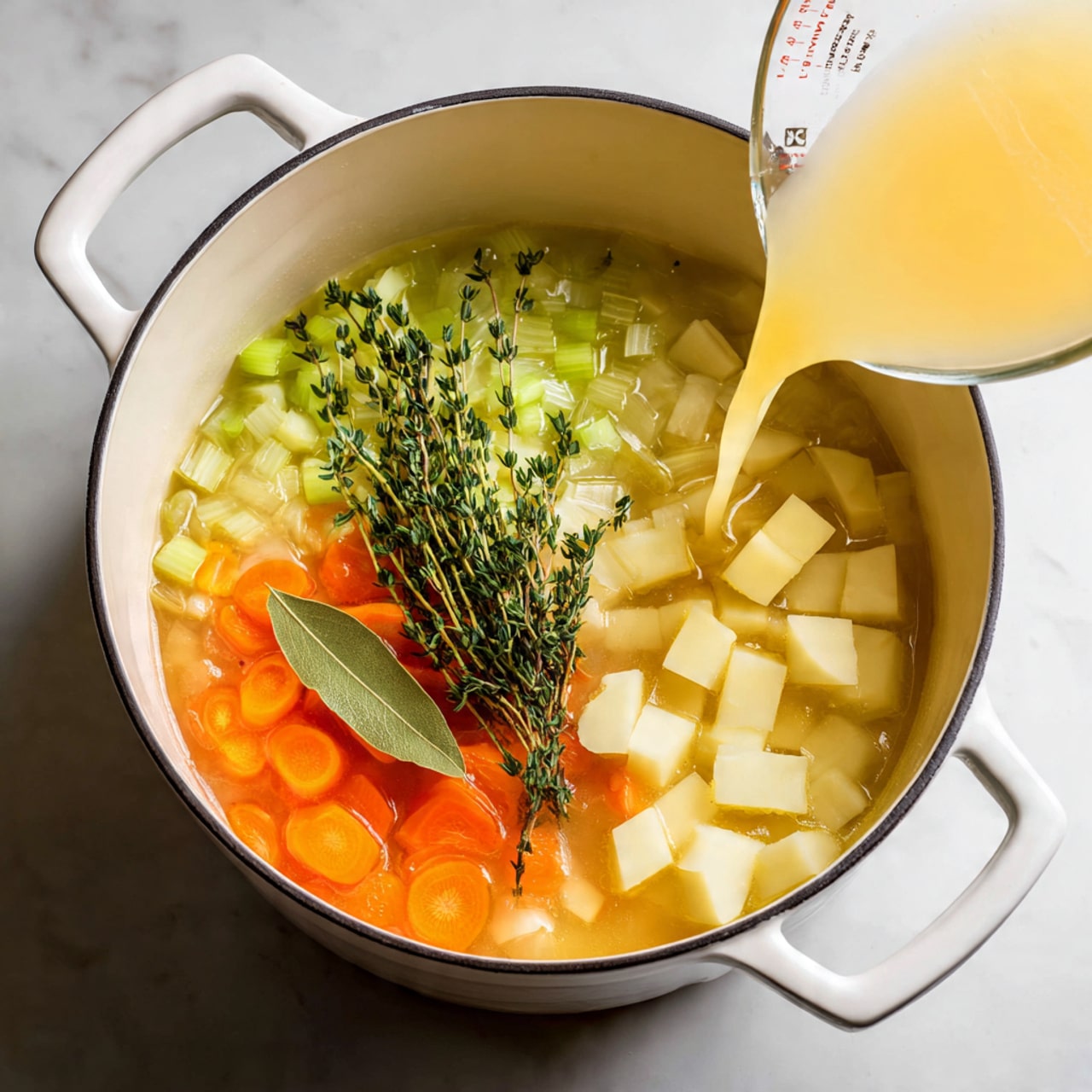 Inside a white pot with two handles on a white marbled surface, there are layers of vegetables and herbs in broth. The bottom layer shows small pieces of onion and celery in light yellow broth. On top of that, there are slices of bright orange carrots and green celery, mixed together. Above these, there are pale yellow potato cubes, evenly spread. On the top, fresh green sprigs of thyme and a single bay leaf lie over the potatoes. To the right, a measuring cup is pouring more light yellow broth into the pot. Photo taken with an iphone --ar 4:5 --v 7