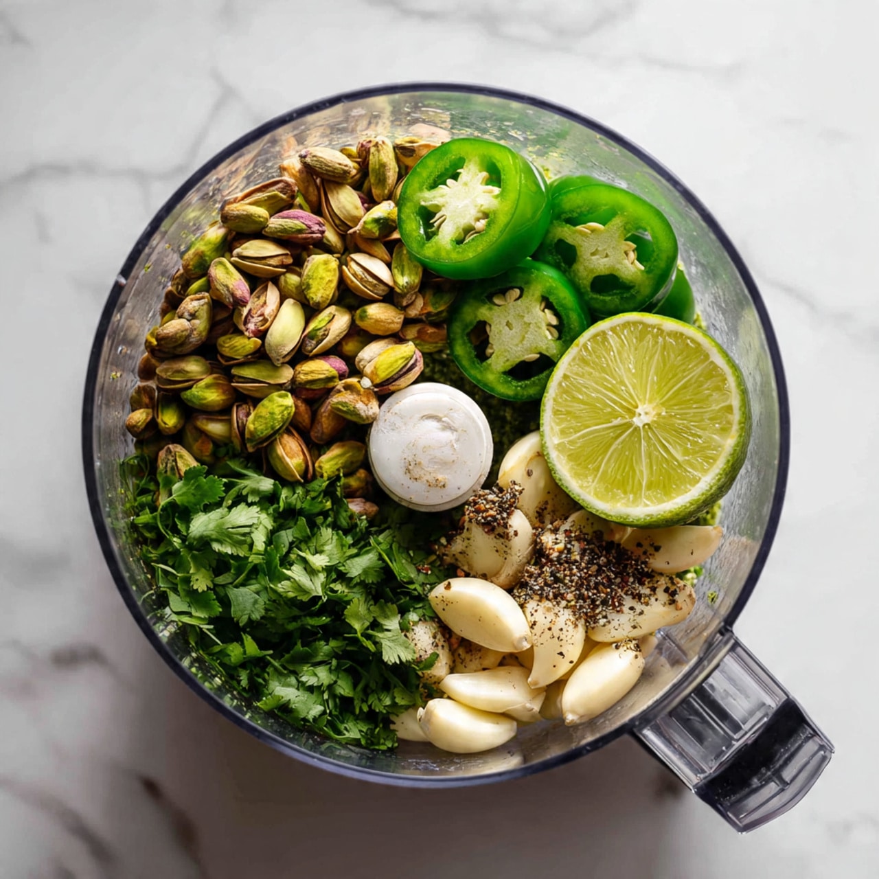 A clear food processor bowl contains four main layers: on the left, there is a pile of green pistachio nuts with their textured surface; next to it on the right, two bright green jalapeño peppers with smooth skin lie slightly angled; below, fresh cilantro leaves with detailed edges and stems fill the lower portion; and on the far right, there are several peeled cloves of garlic sprinkled with coarse black pepper. The bowl is set against a white marbled surface, and next to it on the right is a half-pressed lime showing its fibrous interior. photo taken with an iphone --ar 4:5 --v 7