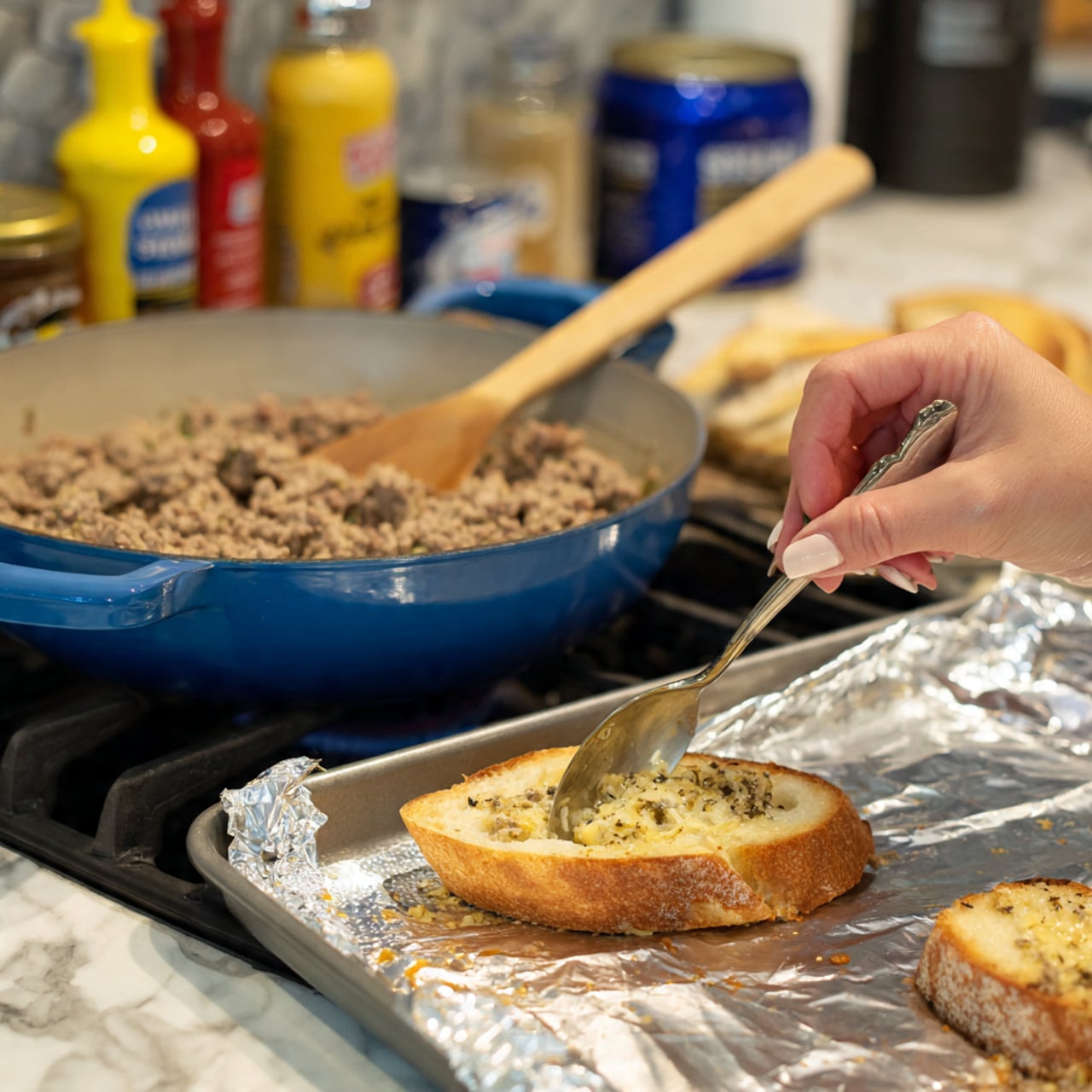 The image shows several pieces of toasted bread on foil, each topped with a thick layer of browned ground meat mixed with sauce, and covered by a melted yellow cheddar cheese layer that drips slightly down the sides. The bread is light golden and crispy, with the meat layer dense and textured underneath the smooth and shiny cheese, sprinkled with small green herbs. The whole setup sits on a white marbled surface. photo taken with an iphone --ar 4:5 --v 7