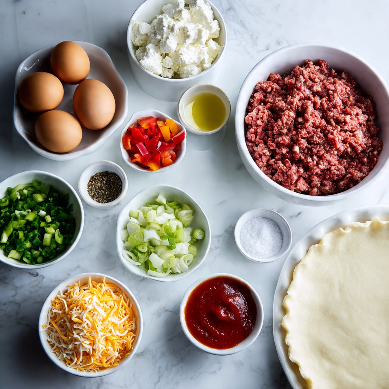 The image shows ingredients arranged on a white marbled surface for making a savory pie. There is a white pie crust on the bottom right, looking soft and ready to fill. Above the crust, there is a white bowl filled with raw ground meat, reddish brown and slightly chunky in texture. To the left are six brown eggs in a white bowl, smooth and matte. Surrounding them are small bowls of chopped vegetables: bright green onion pieces, finely chopped white onions and red bell peppers, shredded orange cheese, and minced garlic in a small bowl. There is also a small bowl of white cottage cheese, a bowl with oil, and a small bowl containing salt and black pepper. A small white bowl holds a red sauce with a slightly chunky texture. Everything is neatly spread out, showing the fresh and colorful ingredients before cooking photo taken with an iphone --ar 4:5 --v 7