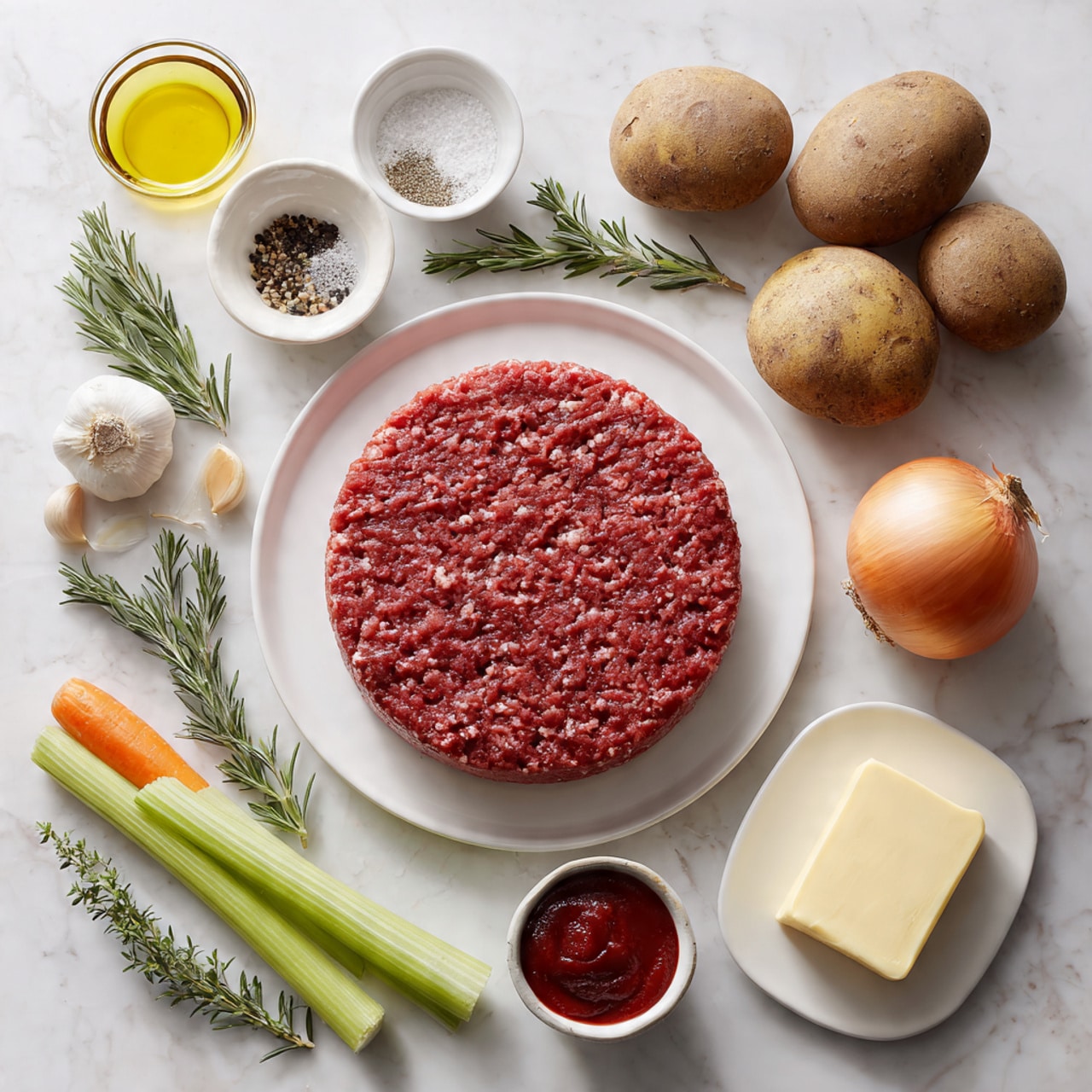 A white round plate holds a thick layer of raw ground beef with a coarse texture and deep red color in the center of the image. To the upper right, three whole potatoes with rough brown skin rest directly on the white marbled surface. Below them, a peeled round onion with a smooth light brown outer layer sits on the surface. To the bottom right, a small white bowl contains a rectangular stick of pale yellow butter. Near the onion, a bulb of garlic with white papery skin is placed on the surface. In the middle right, a small white bowl has bright red tomato paste inside. Next to it, a shallow white dish holds a mix of white salt and black pepper. Below, a small white bowl contains golden yellow olive oil. To the left of the oil, a tiny round bowl is filled with dark Worcestershire sauce. Below that, three long bright green celery stalks lie flat on the white marbled surface with two orange carrots beside them. On the far left, two green herb sprigs of rosemary and thyme lay side by side. At the top left, a chunk of pale yellow Parmesan cheese sits on a white plate. Near it, a glass measuring jug filled with white milk stands next to a similar jug with dark brown beef broth inside. Below these, a small white bowl contains frozen green peas with a frosty look. All ingredients are arranged neatly on the white marbled surface, showcasing their natural colors and textures. photo taken with an iphone --ar 4:5 --v 7