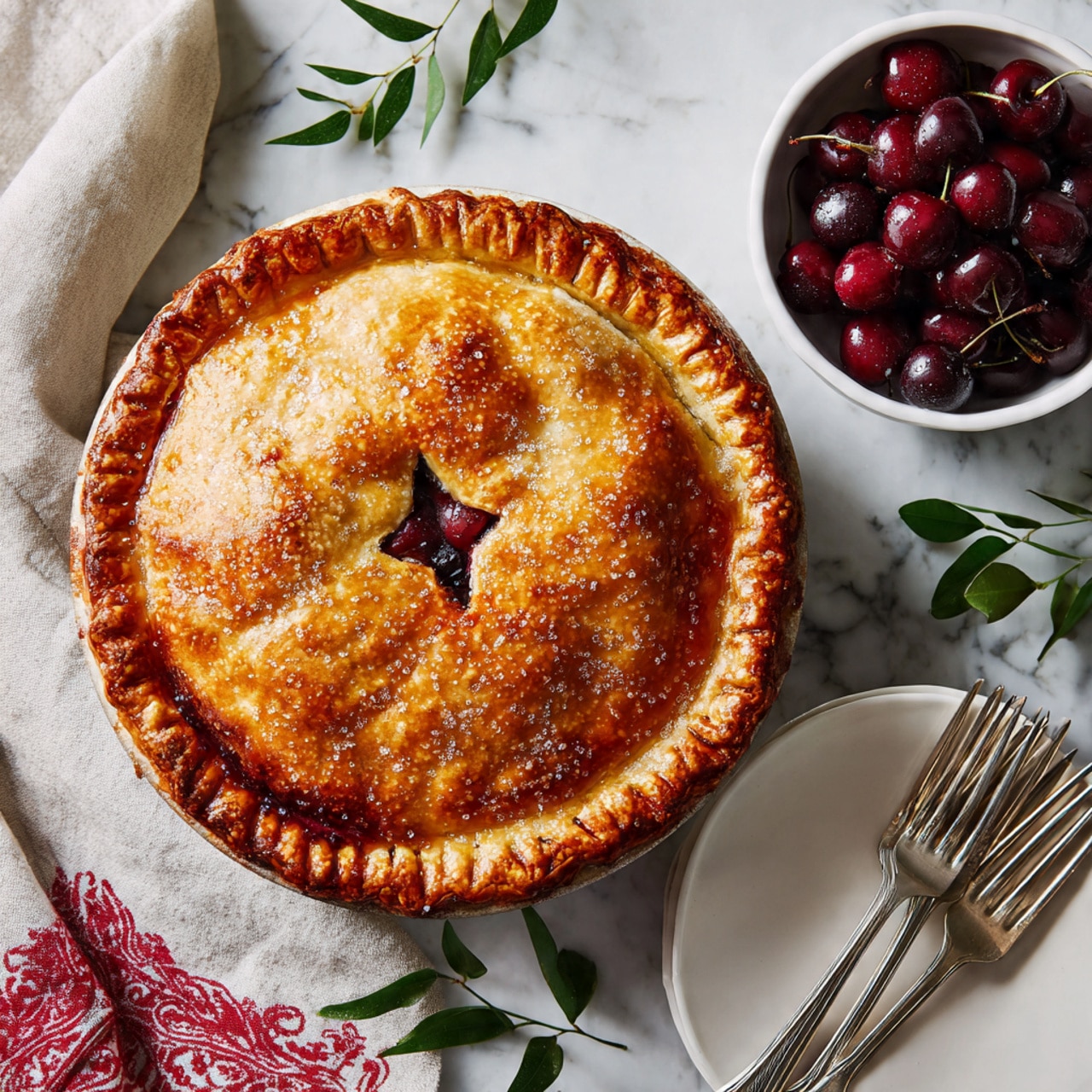 A golden-brown pie with a thick crust sits in the center of the image. The crust is sprinkled with coarse sugar, giving it a sparkling texture. There is a small red X-shaped vent in the middle of the pie, showing a hint of the dark red filling inside. To the upper left, a white bowl filled with shiny, whole cherries in deep red syrup is visible. At the bottom right, a white plate holds four silver forks arranged neatly. Small green leaves are scattered near the pie, adding a touch of color. The whole scene is set on a white marbled surface with part of a red and white cloth on the left side. Photo taken with an iphone --ar 4:5 --v 7