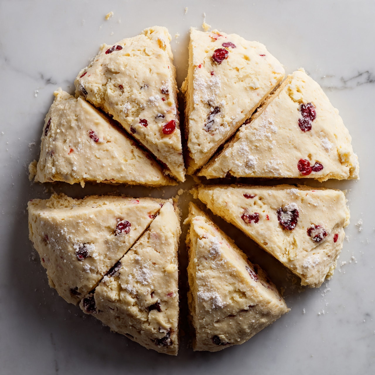 A round dough is placed on a white marbled surface, divided into eight equal triangular slices. The dough is pale yellow with a slightly rough texture, and scattered throughout are small, red cranberries that add bright color dots. There is a light dusting of flour on the dough and the surface around it, giving a soft, powdery look. The edges of the slices are slightly jagged, showing the dough's thickness and softness. photo taken with an iphone --ar 4:5 --v 7