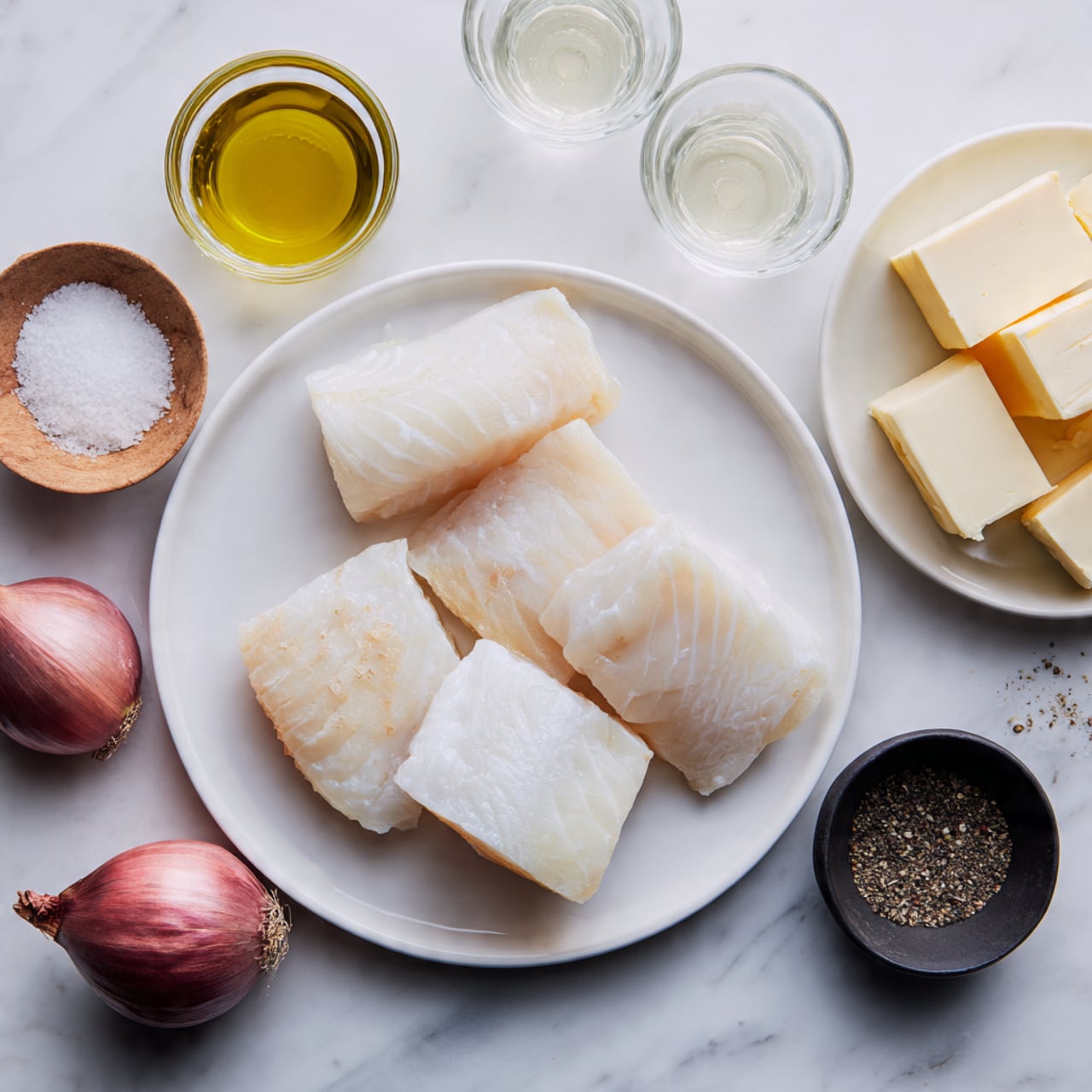 Four pieces of white fish fillets are placed inside a white baking dish with handles on both sides. Each fillet has a light pink tint and is lightly drizzled with golden olive oil. The surface of the fillets is sprinkled with coarse black pepper and some salt. The baking dish sits on a white marbled background with two small bowls nearby, one containing coarse white salt and the other with chopped black pepper. The overall look is fresh and ready for cooking. photo taken with an iphone --ar 4:5 --v 7