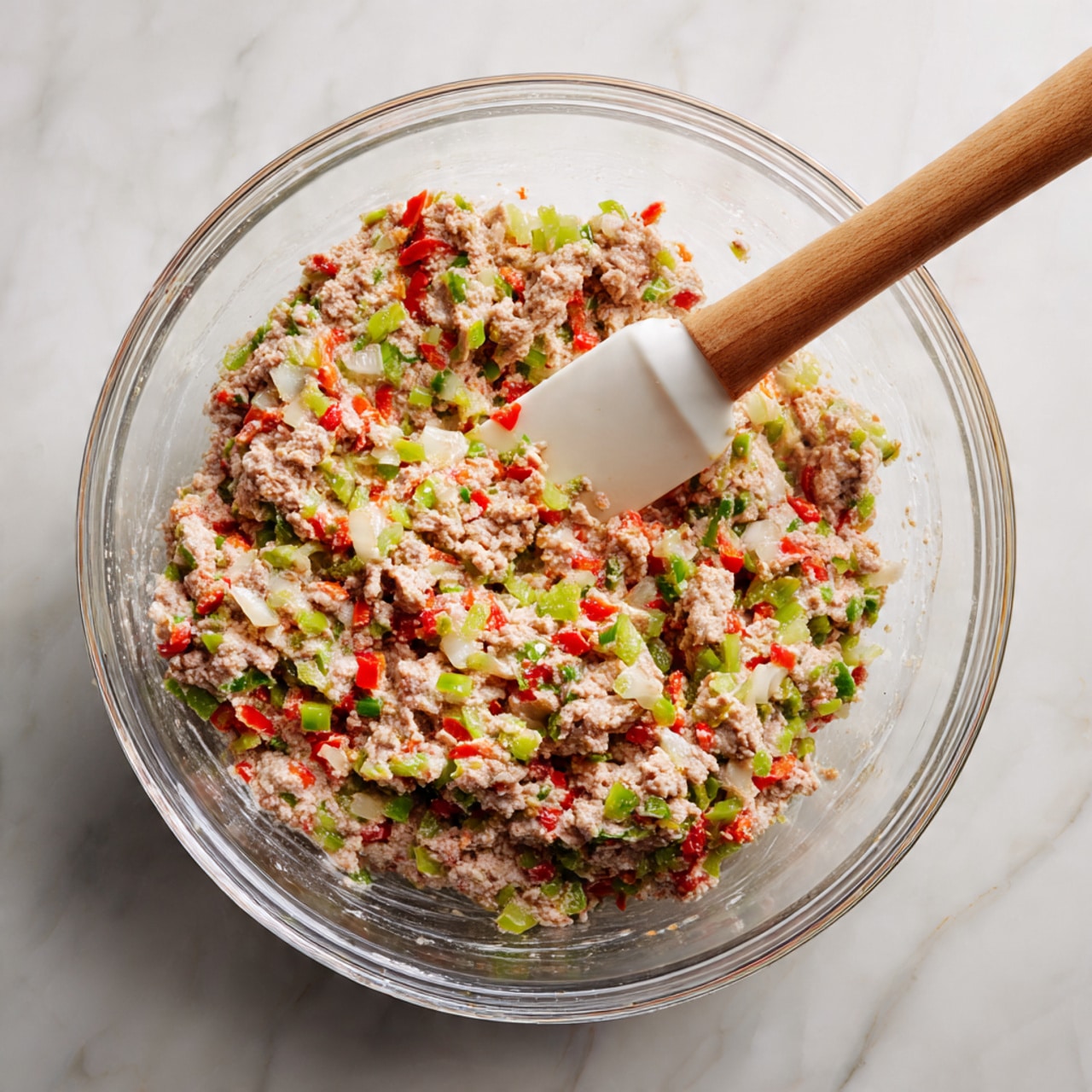 A clear glass bowl filled with a mixed raw meat and diced vegetables, showing a rough texture with visible chunks of white onion, green celery, and red bell pepper spread evenly throughout. A spatula with a white handle and wooden blade is placed inside the bowl, slightly submerged in the mixture. The bowl sits on a white marbled surface with light gray veins. photo taken with an iphone --ar 4:5 --v 7
