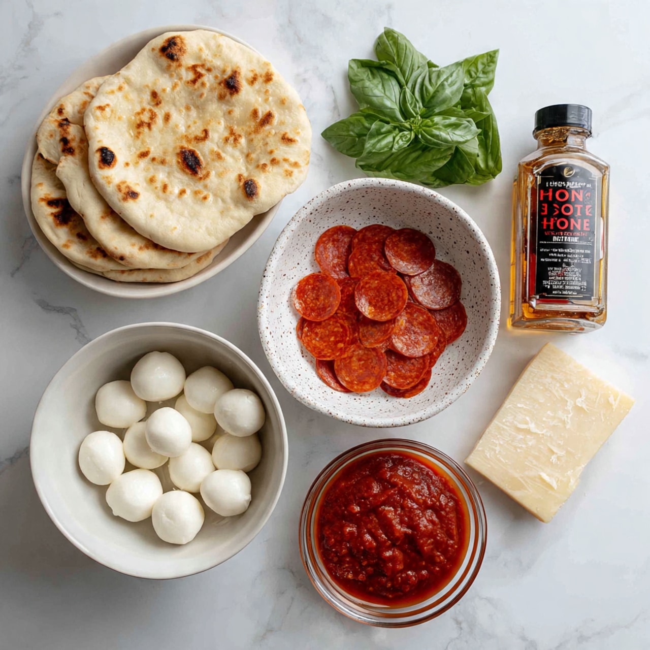 The image shows ingredients for a pizza arranged on a white marbled surface. At the top left, two pieces of mini naan bread are stacked, showing a light golden brown toasted texture on top. To the right, a few fresh green basil leaves are placed beside a white speckled bowl filled with bright red pepperoni slices. Below the naan, there is a white bowl with small round mozzarella cheese balls that are white and smooth. Next to the mozzarella, a glass bowl holds red pizza sauce with a chunky texture. To the right of the sauce, a small wedge of pale yellow parmesan cheese with a slightly rough texture sits next to a clear bottle of hot honey with a black cap, labeled with red and black text. The colors and textures are distinct and fresh, all on the clean white marbled surface photo taken with an iphone --ar 4:5 --v 7