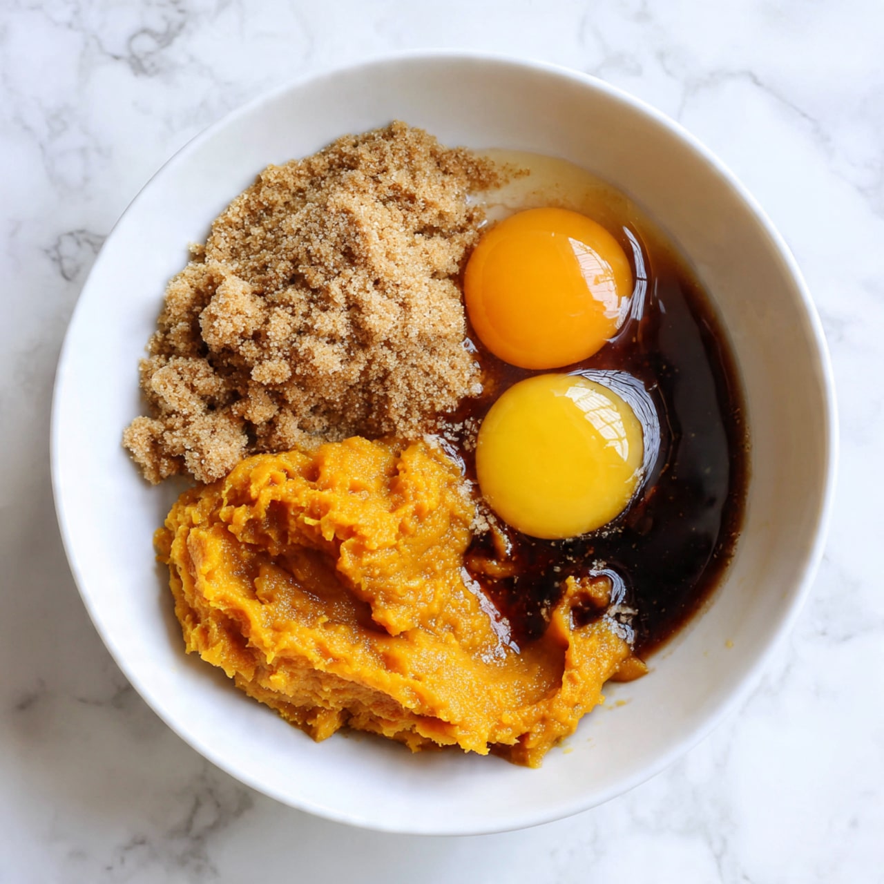 A white marble cake stand with a dark wooden pedestal holds a pyramid stack of seven light brown sandwich cookies, each with a thick layer of pale beige cream filling in the middle. The cookies look soft with a smooth surface. The background is a plain beige color. On the white marbled surface around the cake stand, there are two small white pumpkins and a small metal strainer, adding a cozy autumn feel to the scene. photo taken with an iphone --ar 4:5 --v 7