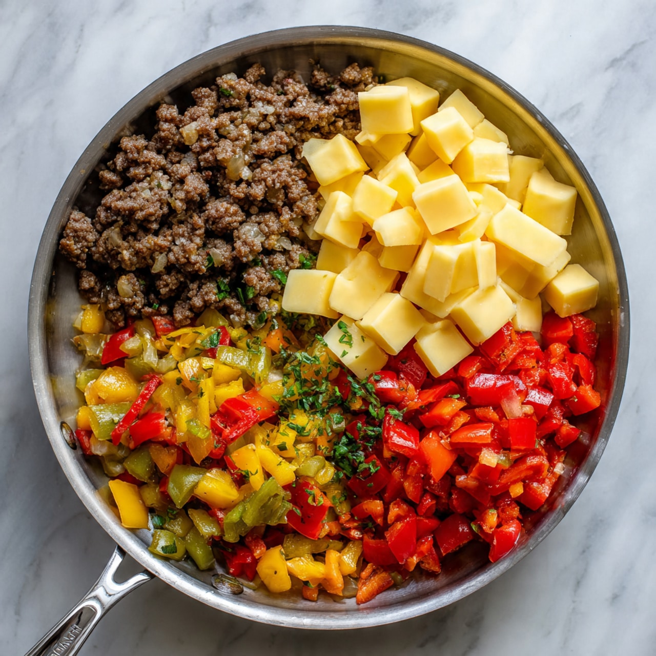 The image shows a large white bowl filled with creamy orange sauce that has bits of red and brown mixed inside, likely from peppers and ground meat. On top of the sauce, there is a generous pile of plain, pale yellow spiral pasta sitting in the center, creating a strong contrast with the sauce underneath. The bowl rests on a dark wooden surface, but the background should be imagined as a white marbled texture. The sauce looks smooth with small chunks, while the pasta appears firm and dry, not yet mixed with the sauce. Photo taken with an iphone --ar 4:5 --v 7