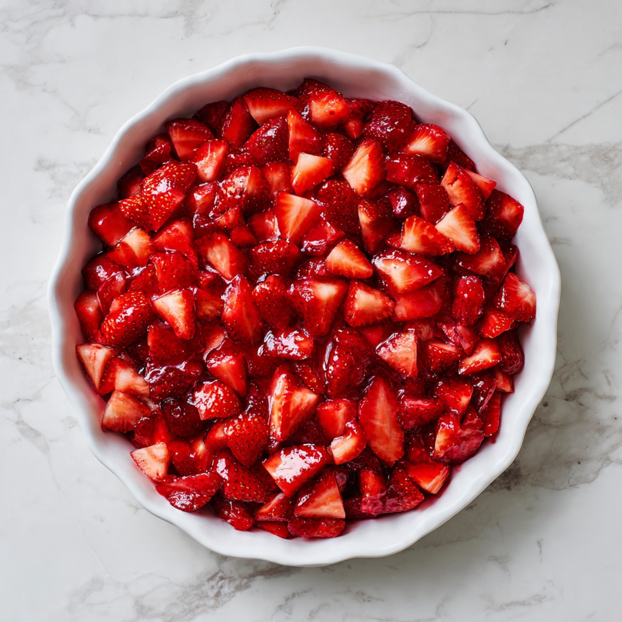 A white scalloped ceramic dish filled with one thick layer of finely chopped bright red strawberries, showing a mix of juicy red and lighter pinkish pieces. The dish sits on a white marble textured surface, and the strawberries cover the dish evenly with a moist, fresh look. photo taken with an iphone --ar 4:5 --v 7