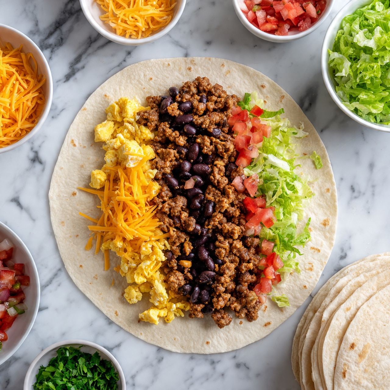 A large soft tortilla spread flat on a white marbled surface with five main layers placed side by side in the middle horizontally: shredded orange cheddar cheese on the left, followed by cooked ground meat mixed with black beans and small red pepper pieces, then scrambled eggs in small chunks, next a layer of shredded green lettuce, and lastly a mix of diced tomatoes and onions. Surrounding the tortilla are various white bowls filled with shredded cheese, salsa, chopped lettuce, pico de gallo, and some chopped herbs, with a stack of tortillas visible at the bottom right corner. Photo taken with an iphone --ar 4:5 --v 7