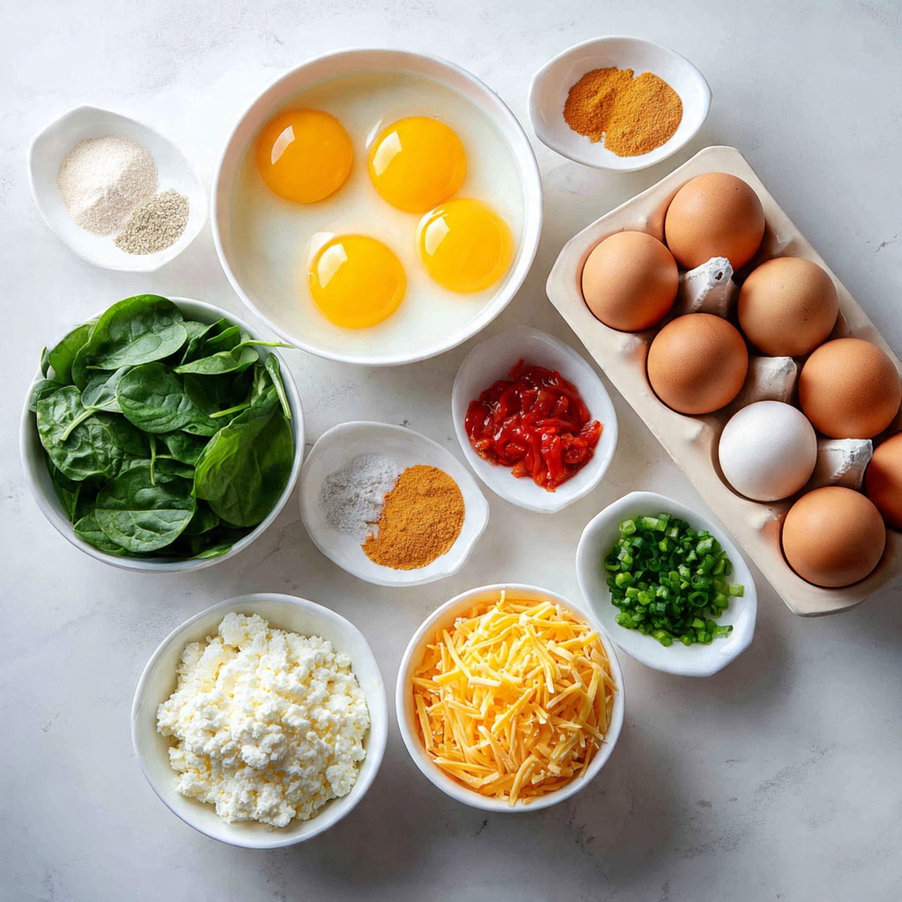 The image shows a collection of fresh ingredients arranged neatly on a white marbled surface. At the center, there is a white bowl with six bright yellow egg yolks in clear egg whites. To the left of that bowl, a white bowl is filled with fresh green spinach leaves, and below it, a small white bowl contains shredded yellow cheddar cheese, while another white bowl below has white cottage cheese with a textured surface. On the right side, a tray holds a dozen brown eggs, some whole and others with cracked shells nearby. Above the eggs, there are five small white bowls placed in a semi-circle: one with chopped red bell peppers, one with chopped green chives, one with orange hot sauce, and two with different light-colored powders or seasonings, likely salt, pepper, and garlic powder. The wooden cracks and shell pieces add natural texture to the scene. The arrangement is bright and clean with a natural feel. photo taken with an iphone --ar 4:5 --v 7