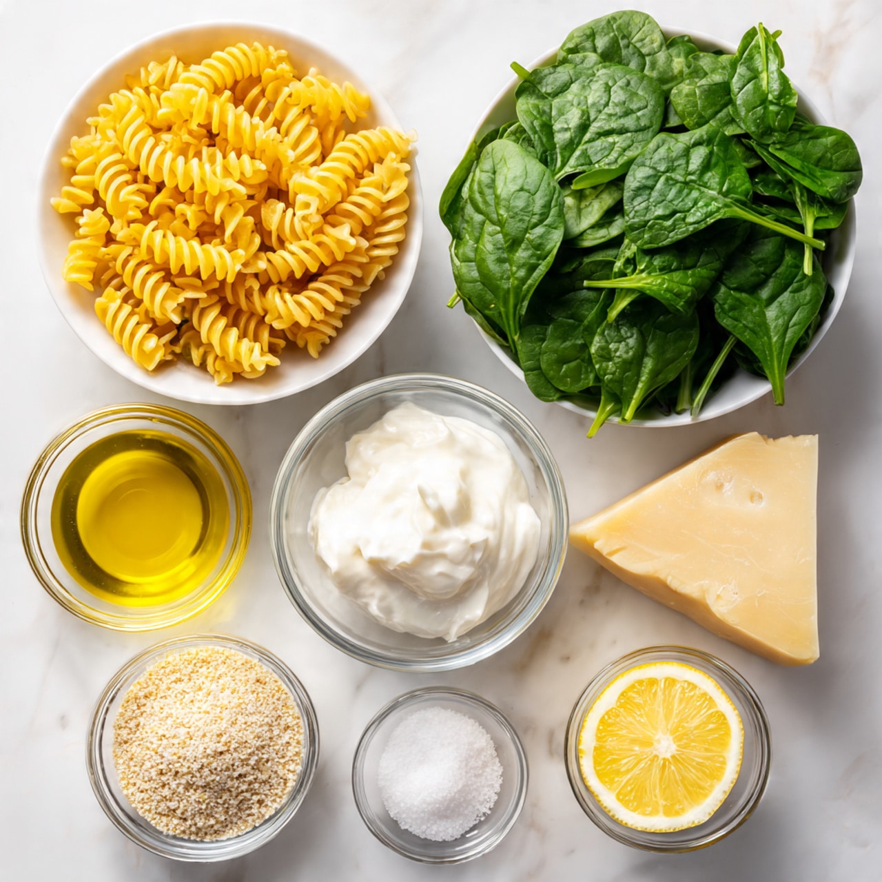The image shows nine ingredients neatly arranged on a white marbled surface. At the top left, a white bowl full of yellow spiral pasta sits next to a white bowl filled with fresh, dark green spinach leaves on the right. Below these are a wedge of hard light-yellow Parmesan cheese and a clear glass bowl with smooth white sour cream. Underneath, there is a small glass bowl of bright golden olive oil to the left of a glass bowl filled with fine, light beige breadcrumbs. At the bottom left, a small white dish holds fine white salt, and on the right is another small white dish with light yellow garlic powder. Finally, a sliced lemon with a pale yellow inside is placed next to the garlic powder dish. Each ingredient is labeled in black plain text near it. Photo taken with an iphone --ar 4:5 --v 7