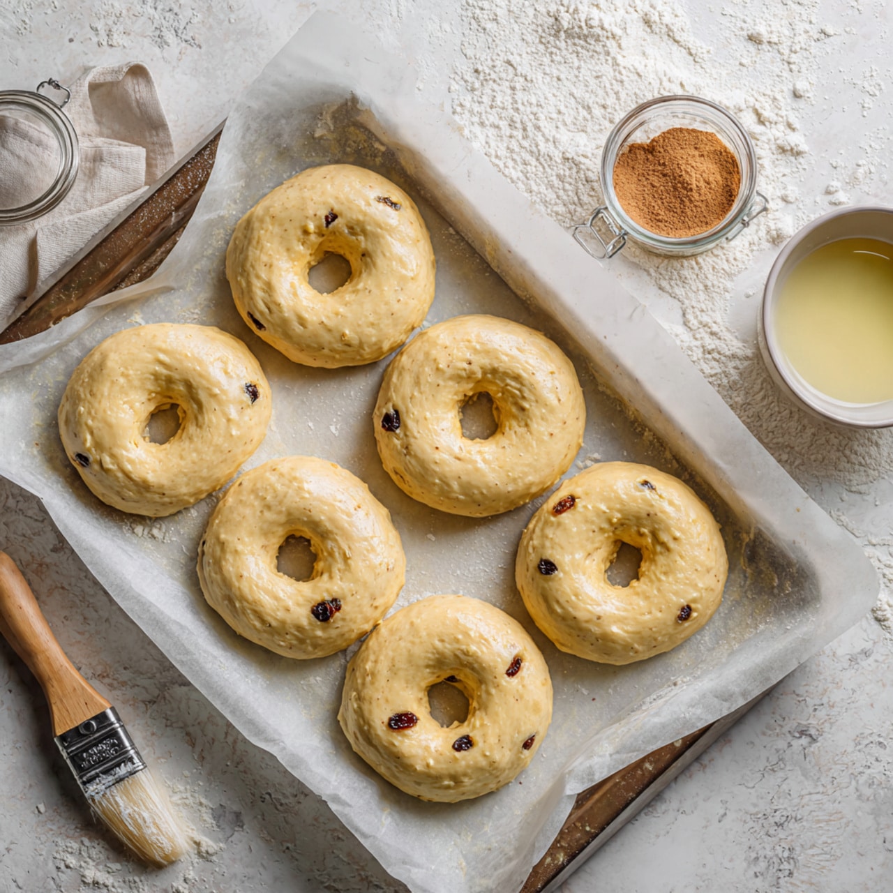The image shows six raw bagels with raisins on a baking tray lined with white parchment paper. The bagels are golden-brown and shiny, with a soft, slightly bumpy texture, each having a well-defined hole in the center. A wooden brush with beige bristles lies on the tray near one bagel, and a bowl containing an egg wash is visible to the right of the tray. The background is a white marbled textured surface with some scattered flour and a small jar of brown spice powder nearby. Two additional bagels are placed on the marbled surface near the tray, showing a similar texture and color. Photo taken with an iphone --ar 4:5 --v 7