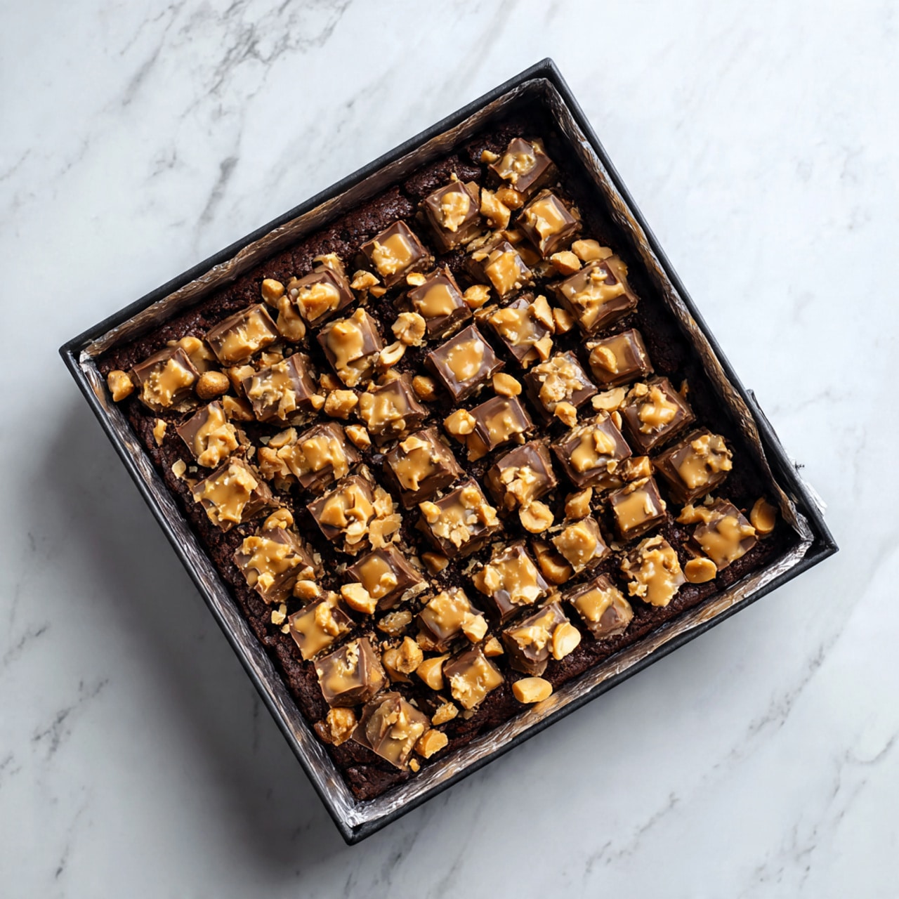 A square pan lined with foil holds a fresh baked chocolate brownie base, dark and dense in texture, topped with evenly spaced pieces of a peanut candy bar, each piece golden brown with visible peanuts adding a crunchy look. The brownie fills the pan edge to edge, and the peanut candy pieces form neat rows covering the entire surface, creating a contrast between the rich dark brownie and the light caramel and nut topping. The pan is set on a white marbled surface. photo taken with an iphone --ar 4:5 --v 7